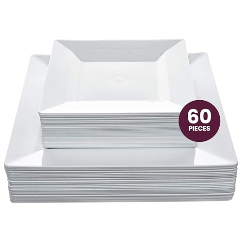 Elegant White Square Plastic Plates Set – 100-Piece Heavy Duty Disposable Dinnerware for 50 Guests (9.5” Dinner + 6.5” Appetizer Plates)