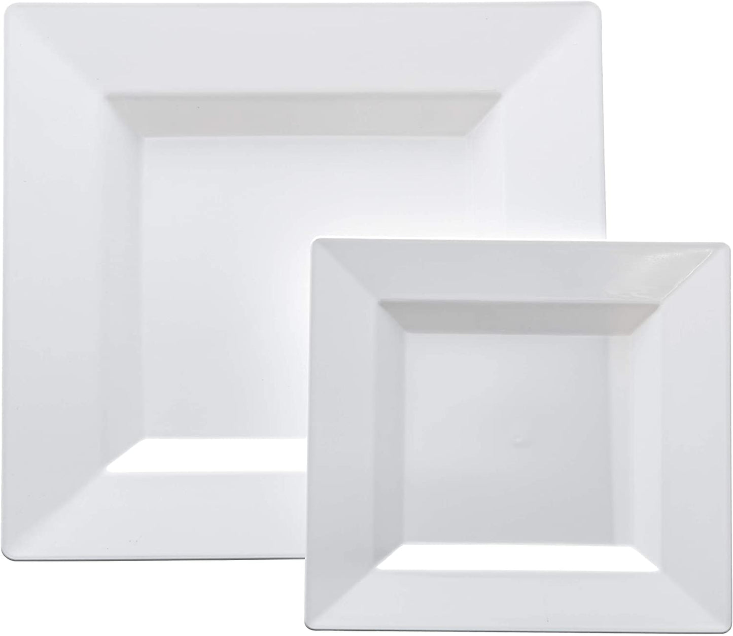Elegant White Square Plastic Plates Set – 100-Piece Heavy Duty Disposable Dinnerware for 50 Guests (9.5” Dinner + 6.5” Appetizer Plates)