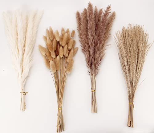 Natural Dried Pampas Grass Bouquet – Mixed Fluffy Pompous Grass for Vase, Boho Decor, Weddings, Gifts & Home Arrangements 100PCS