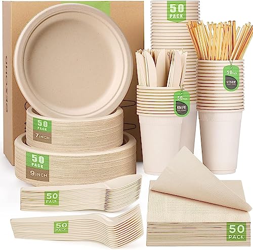 Compostable Dinnerware Set – Eco-Friendly Plates, Cutlery, Cups & More for 50 Guests -400-Pack