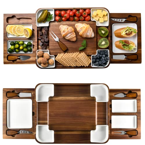 All-Natural Acacia Wood Cheese Board Set with Hidden Drawers, Ceramic Plates, Bowls & Utensils