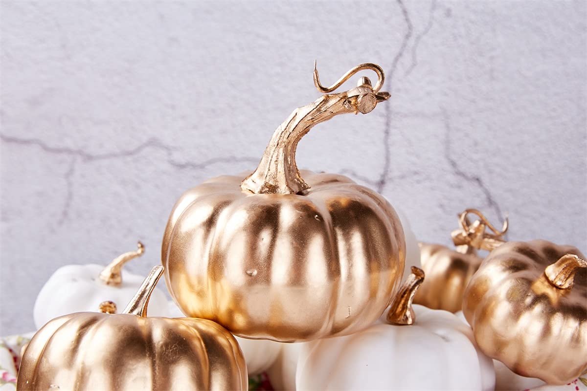 White & Gold Artificial Harvest Pumpkins – 16-Piece Fall Décor Set