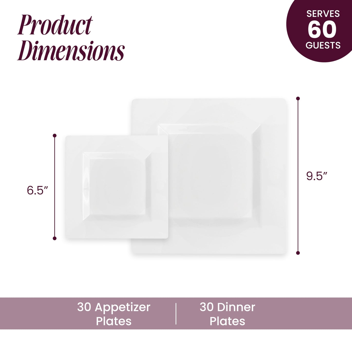 Elegant White Square Plastic Plates Set – 100-Piece Heavy Duty Disposable Dinnerware for 50 Guests (9.5” Dinner + 6.5” Appetizer Plates)