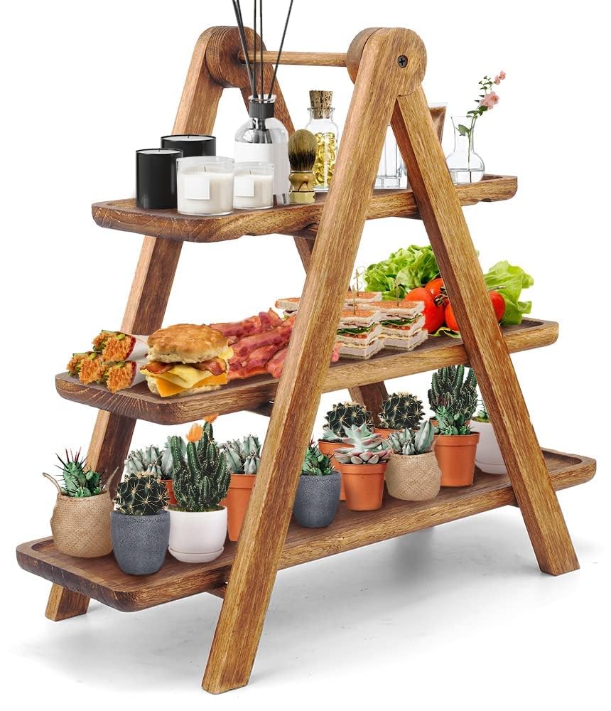 3-Tier Platane Wood Serving Tray with Collapsible Ladder Stand – Hand-Carved Rustic Dessert & Charcuterie Board Set