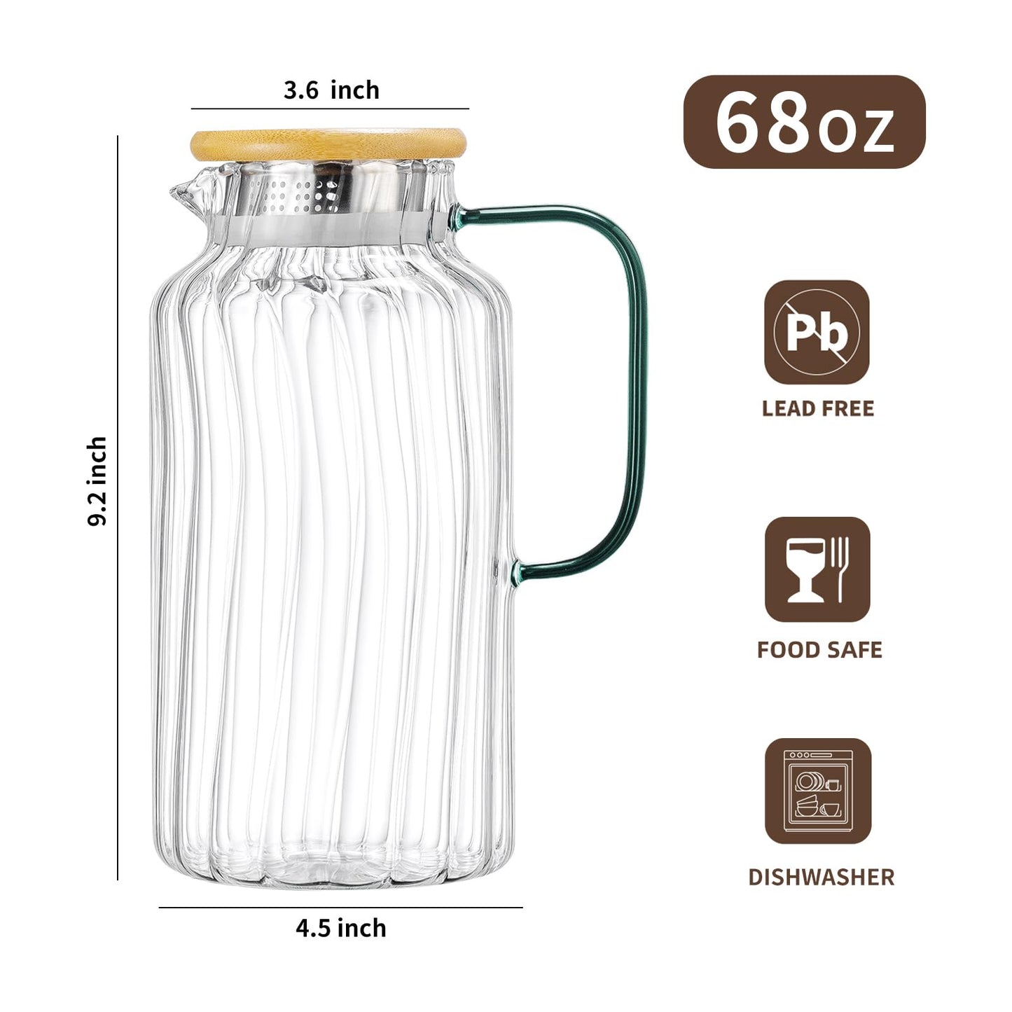Glass Water Pitcher – 68oz Borosilicate Carafe with Stainless Steel Lid - Heat-Resistant