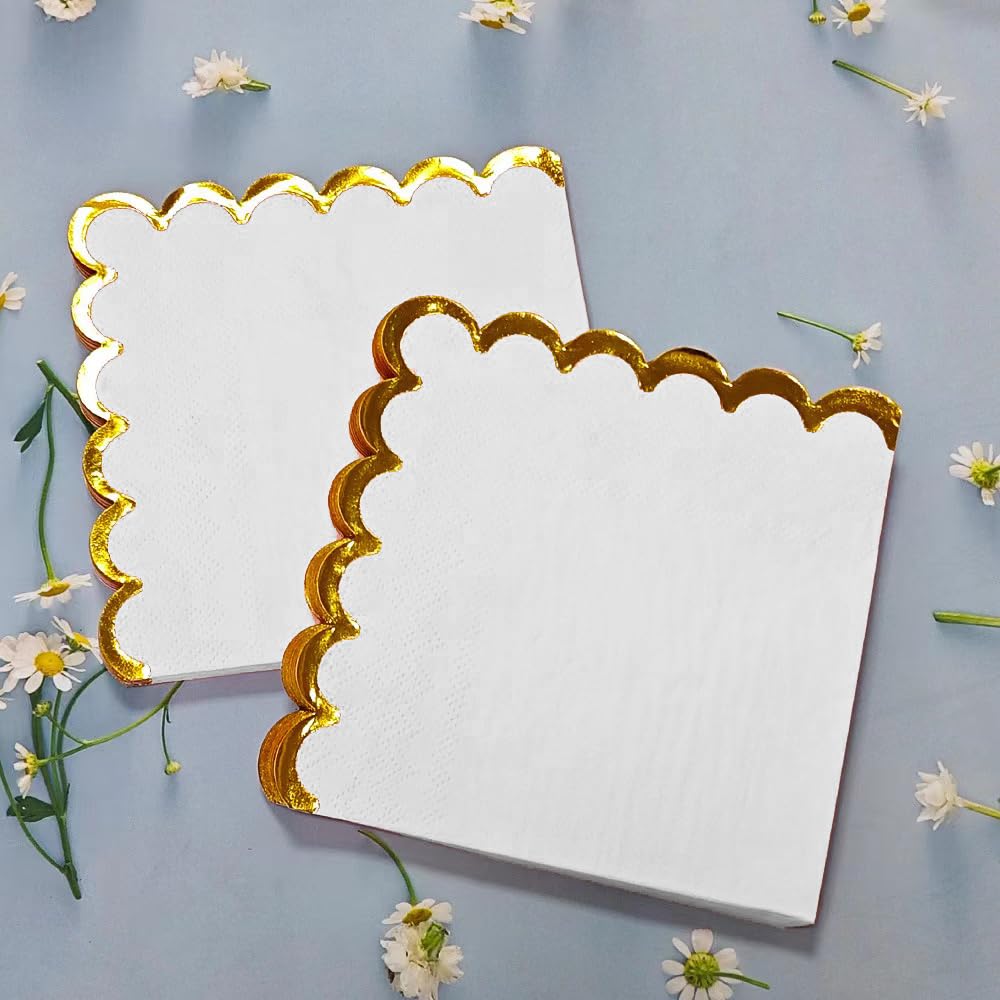 Cocktail Napkins – Scalloped Gold Foil Edge | Soft, Absorbent, Decorative Party Napkins for Weddings, Baby Showers & Events - 100 pack