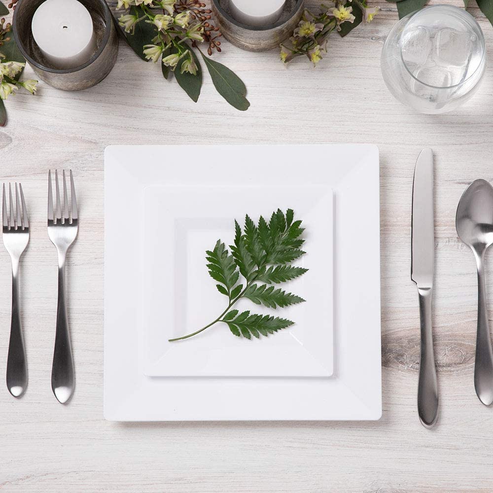 Elegant White Square Plastic Plates Set – 100-Piece Heavy Duty Disposable Dinnerware for 50 Guests (9.5” Dinner + 6.5” Appetizer Plates)
