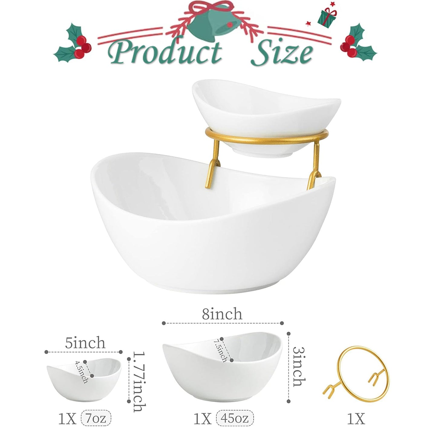 2-Tier Ceramic Chip and Dip Serving Set with Metal Stand – Divided White Glazed Bowls for Sauces, Snacks, and Appetizers