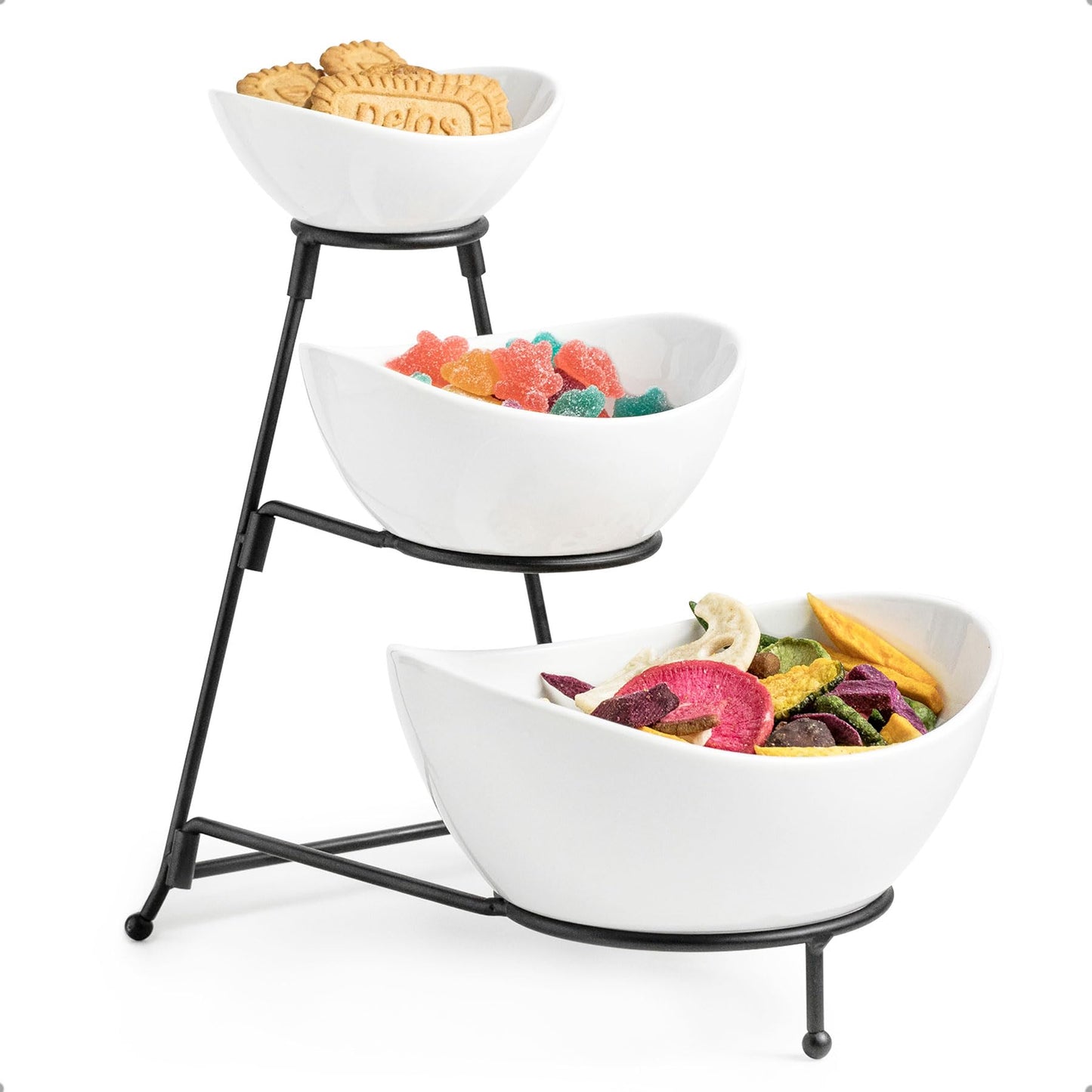 2-Tier Ceramic Chip and Dip Serving Set with Metal Stand – Divided White Glazed Bowls for Sauces, Snacks, and Appetizers