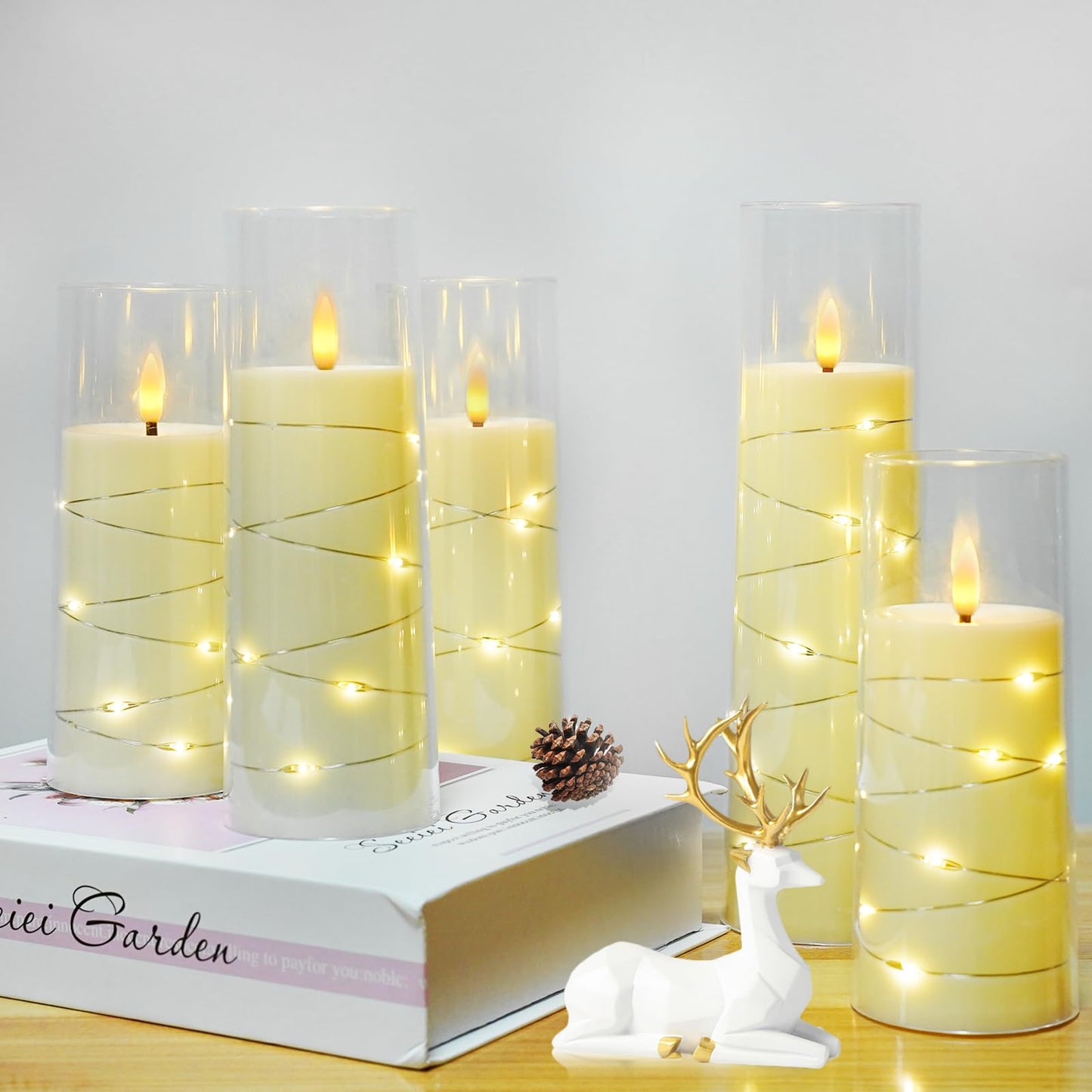 Flameless Mood Lighting Candle Set with Embedded String Lights
