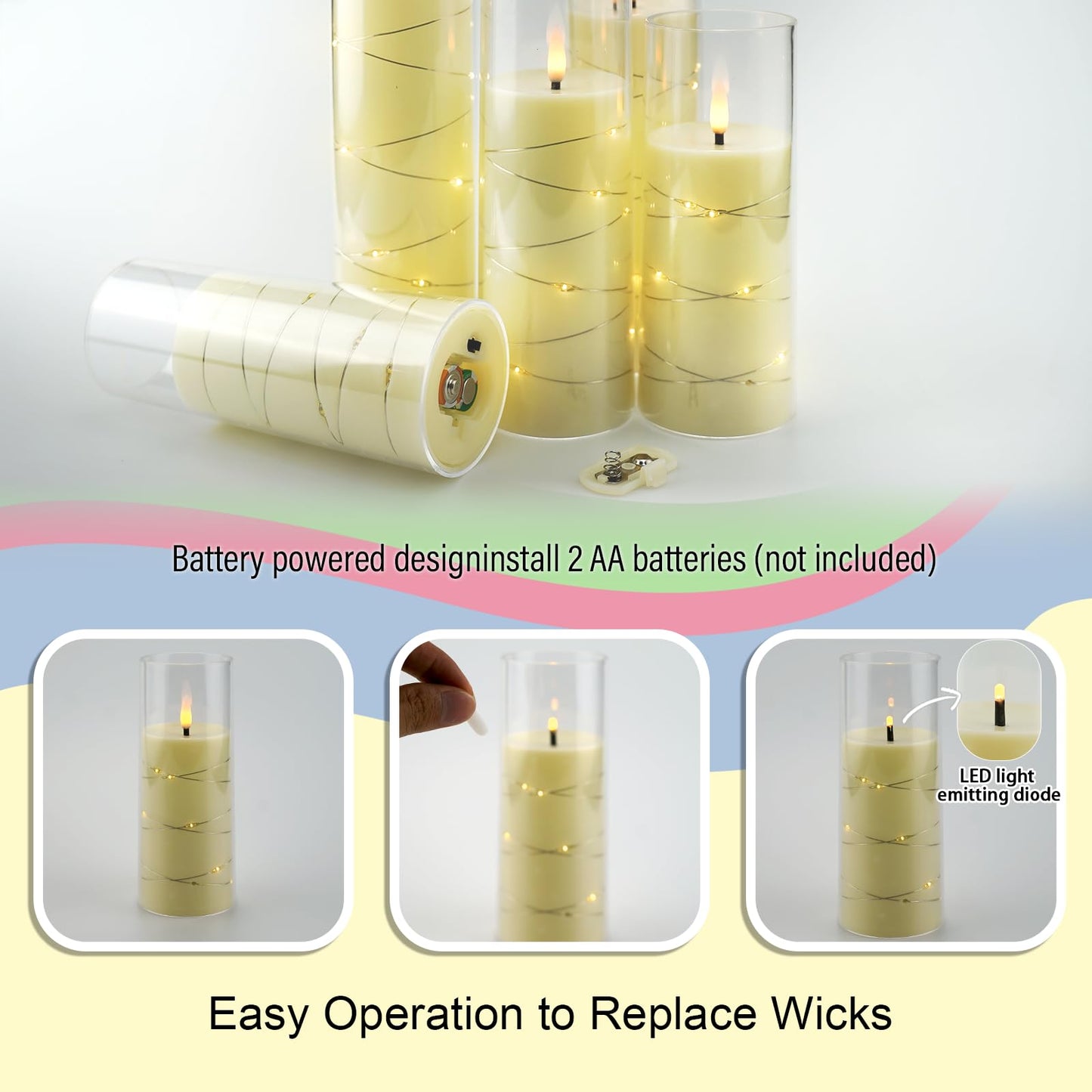 Flameless Mood Lighting Candle Set with Embedded String Lights