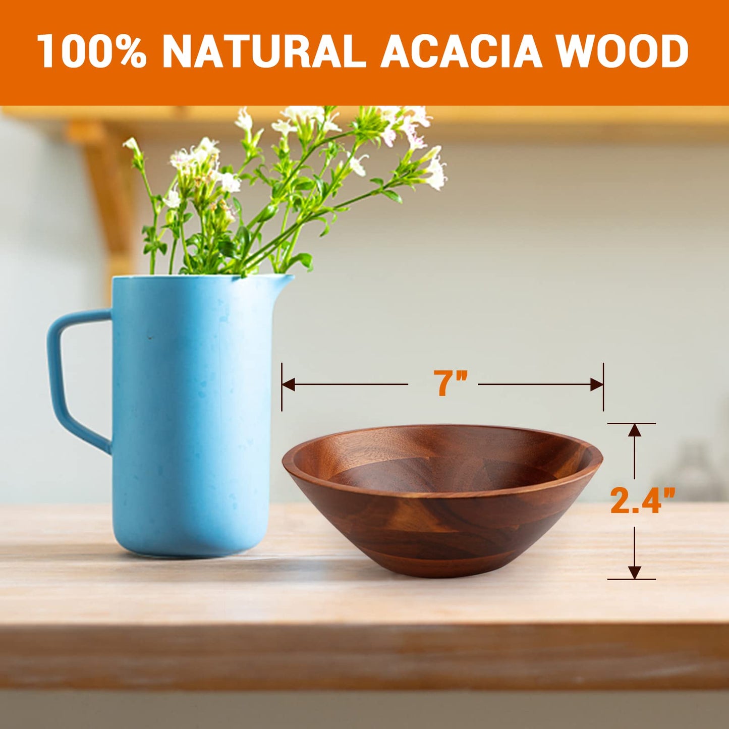 Acacia Wood Salad Bowl Set – 7-Inch Natural Wooden Serving Bowls for Salad, Snacks & Sides | Eco-Friendly & Handcrafted -4-Piece