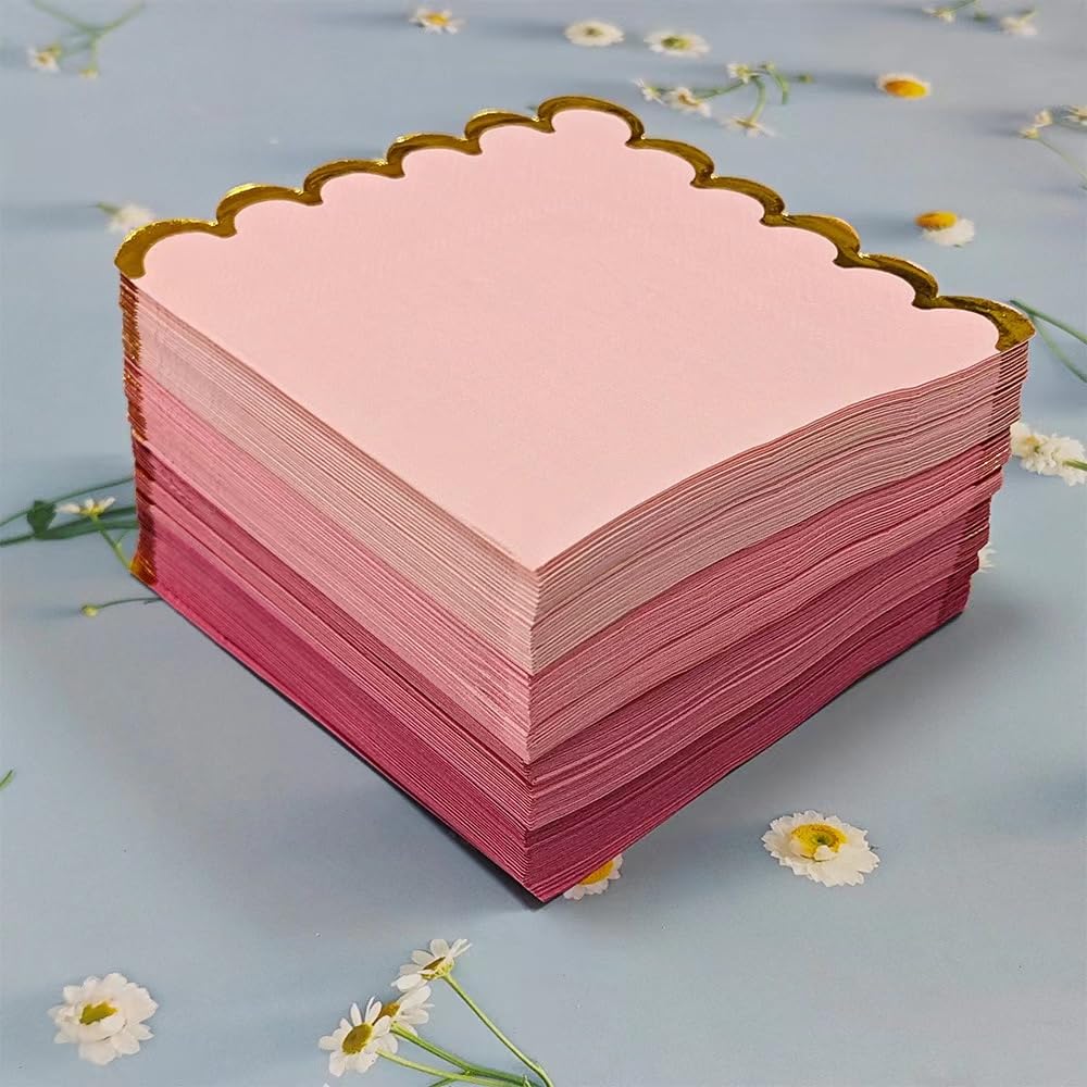 Cocktail Napkins – Scalloped Gold Foil Edge | Soft, Absorbent, Decorative Party Napkins for Weddings, Baby Showers & Events - 100 pack
