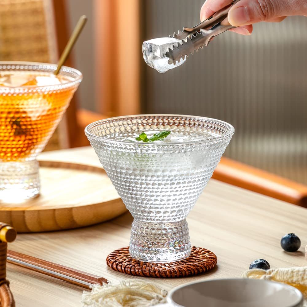 Vintage Embossed Stemless Martini Glass Set β Lead-Free Crystal Cocktail Glasses for Martinis, Whiskey, and More