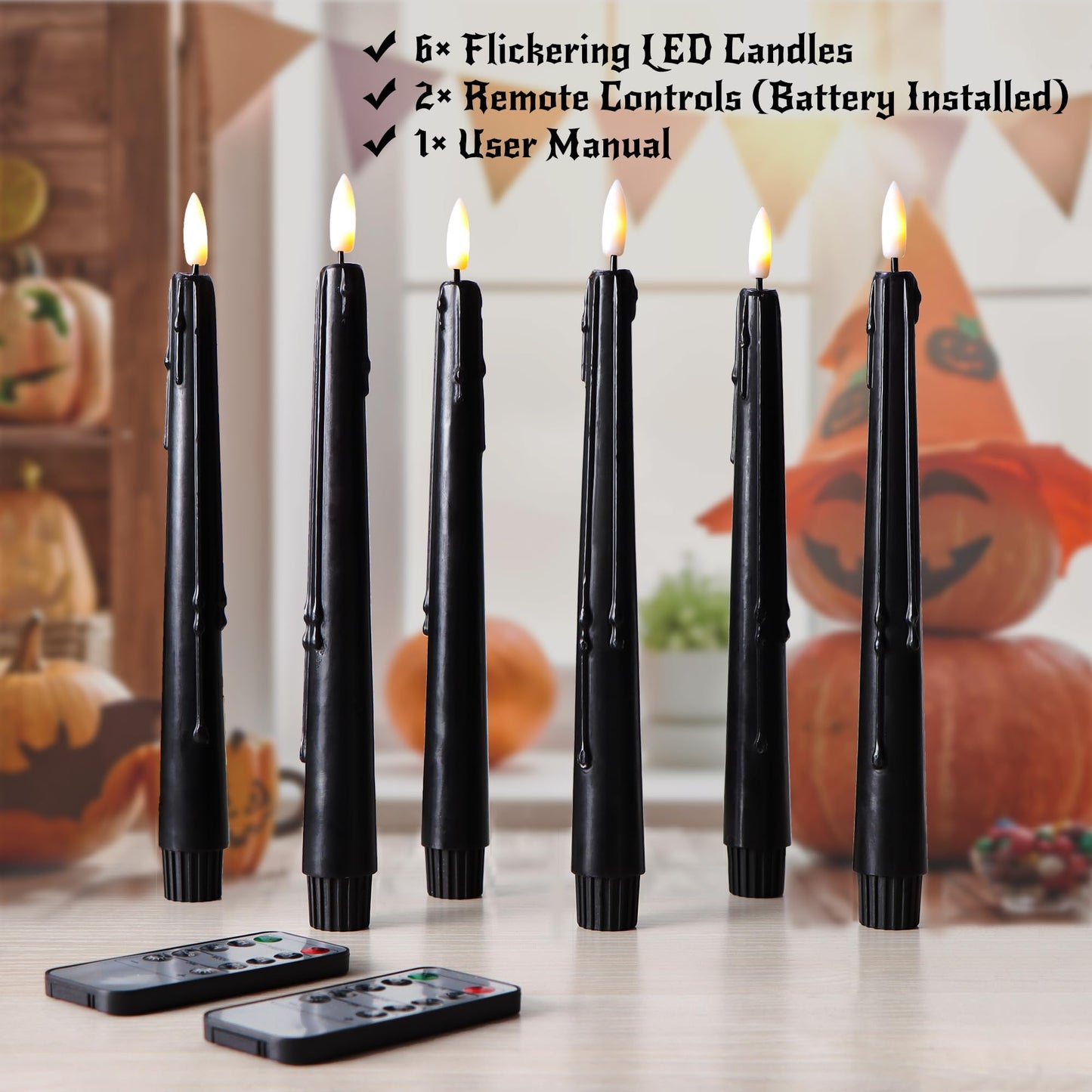 Black Wax Drip Flameless Taper Candles – Set of 6 LED Candles with Remote Control