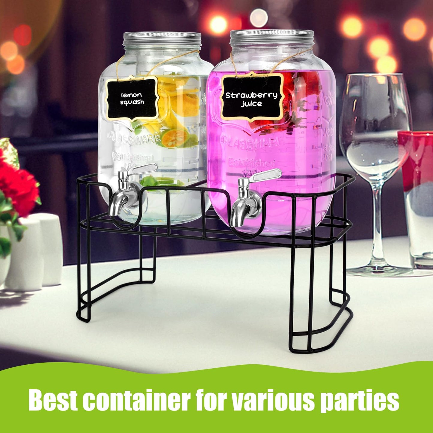 2-Gallon Glass Drink Dispenser Set with Stainless Steel Spigots & Chalkboard Tags – Dual Beverage Dispensers with Metal Stand