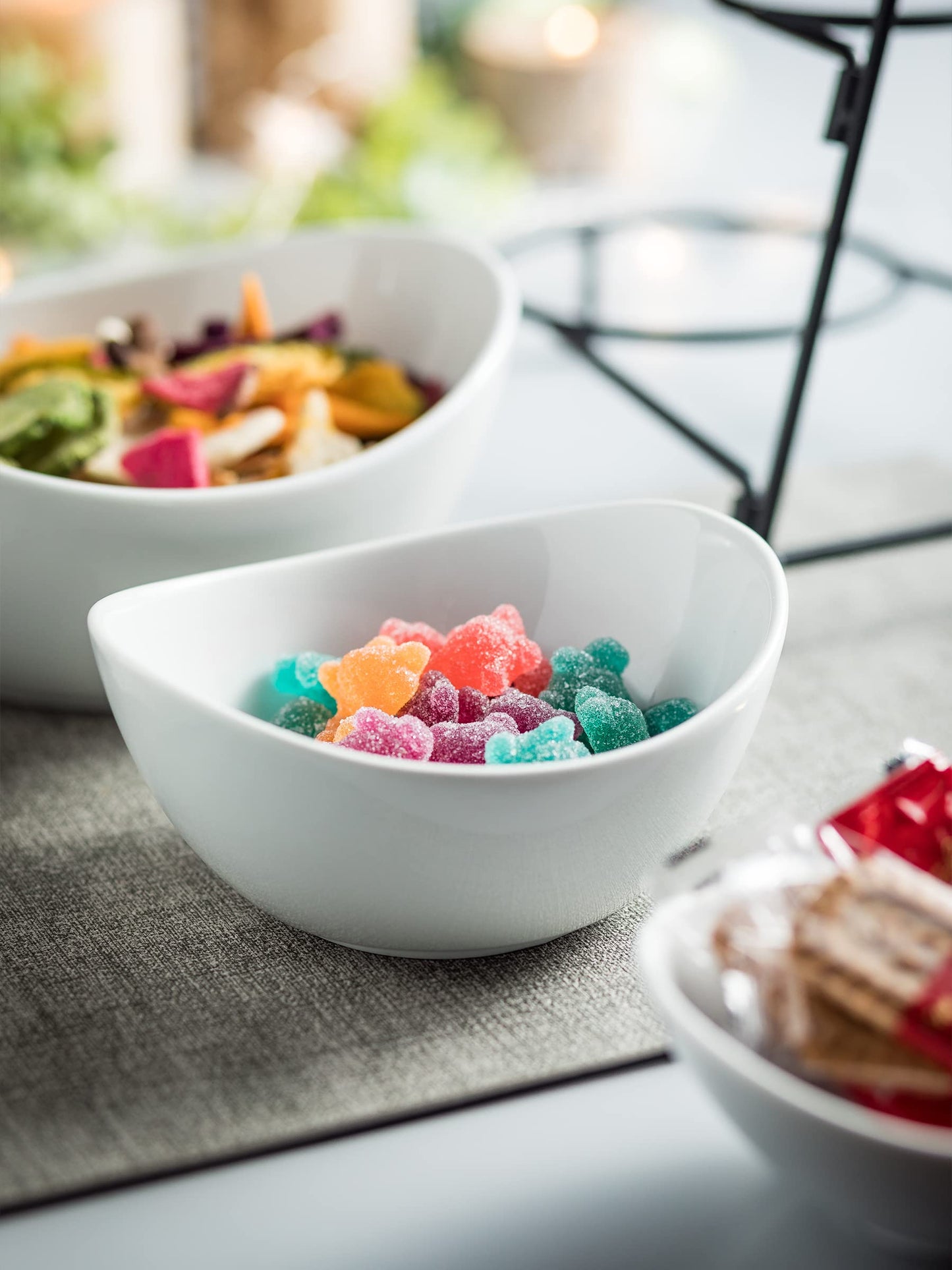 2-Tier Ceramic Chip and Dip Serving Set with Metal Stand – Divided White Glazed Bowls for Sauces, Snacks, and Appetizers