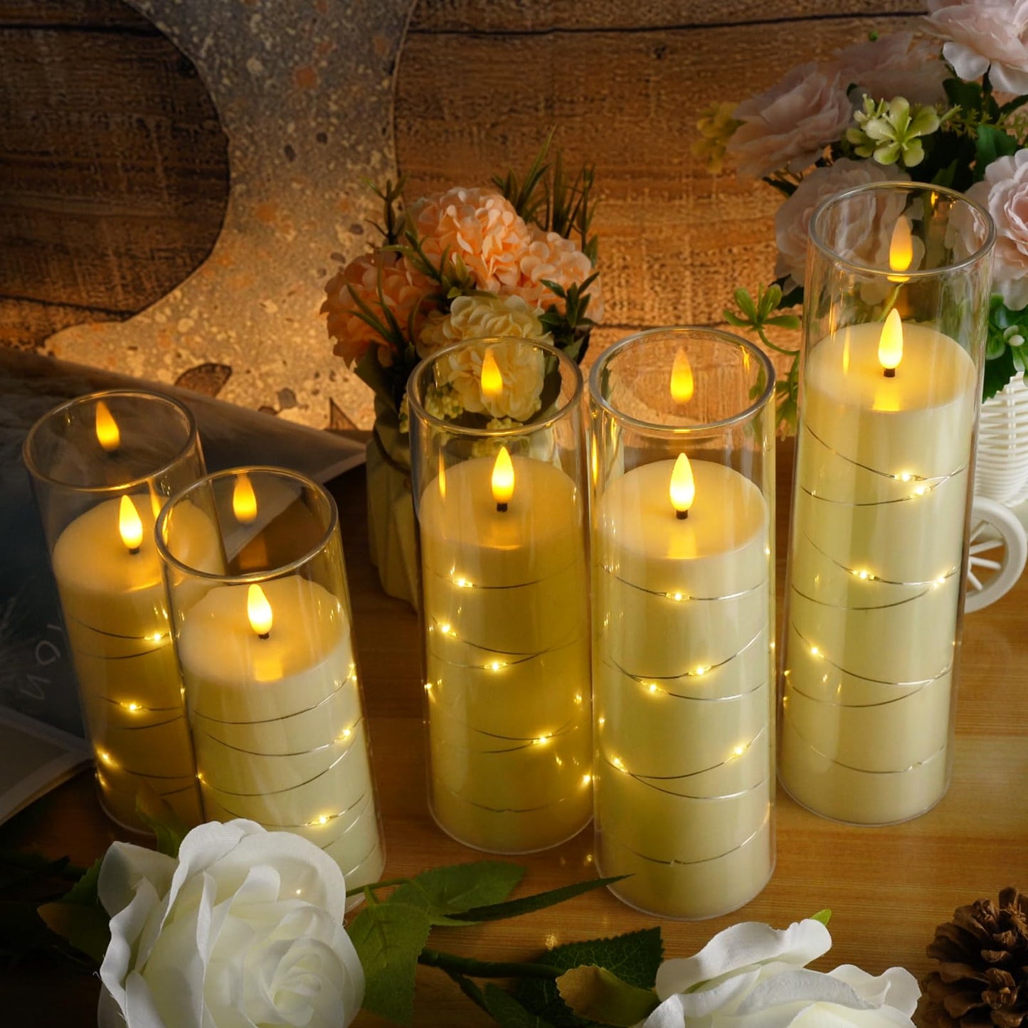Flameless Mood Lighting Candle Set with Embedded String Lights