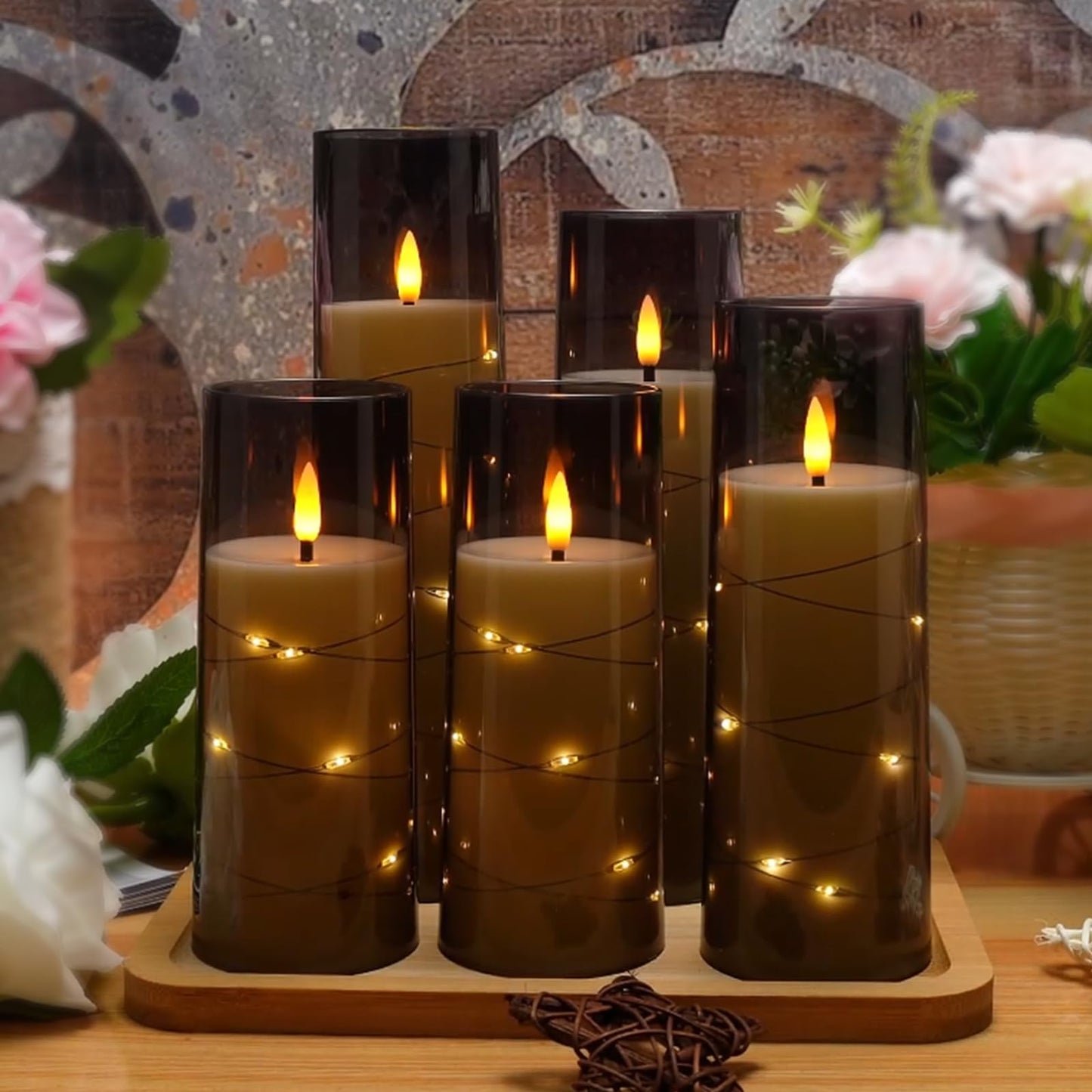 Flameless Mood Lighting Candle Set with Embedded String Lights