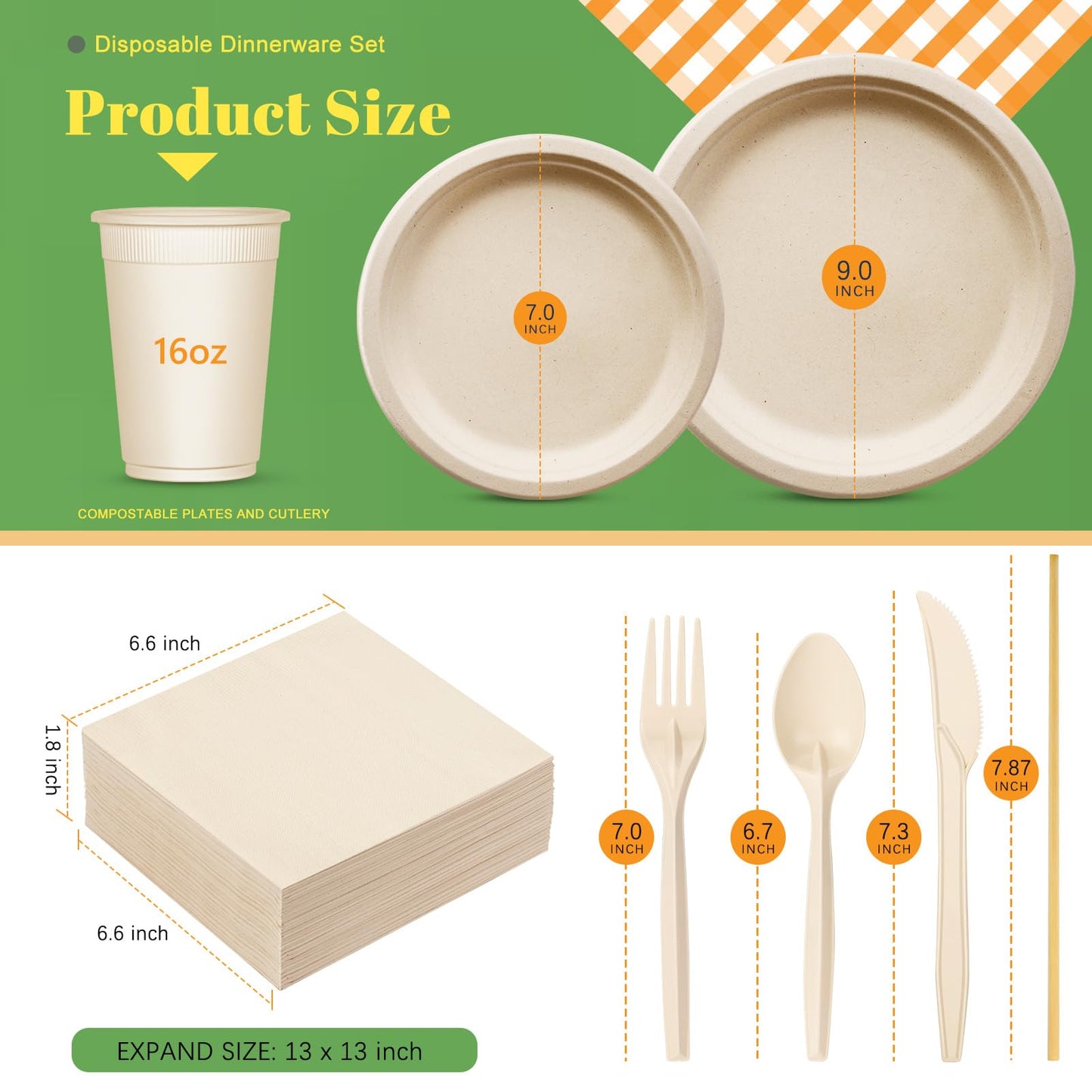 Compostable Dinnerware Set – Eco-Friendly Plates, Cutlery, Cups & More for 50 Guests -400-Pack
