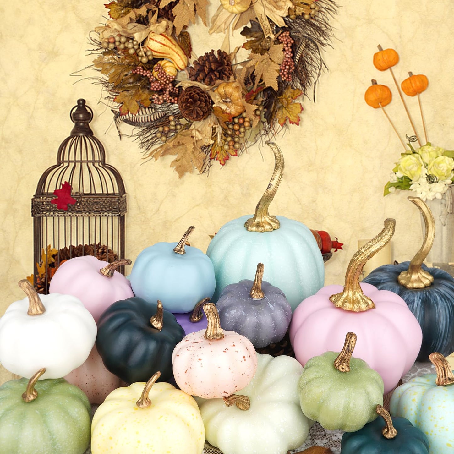 White & Gold Artificial Harvest Pumpkins – 16-Piece Fall Décor Set