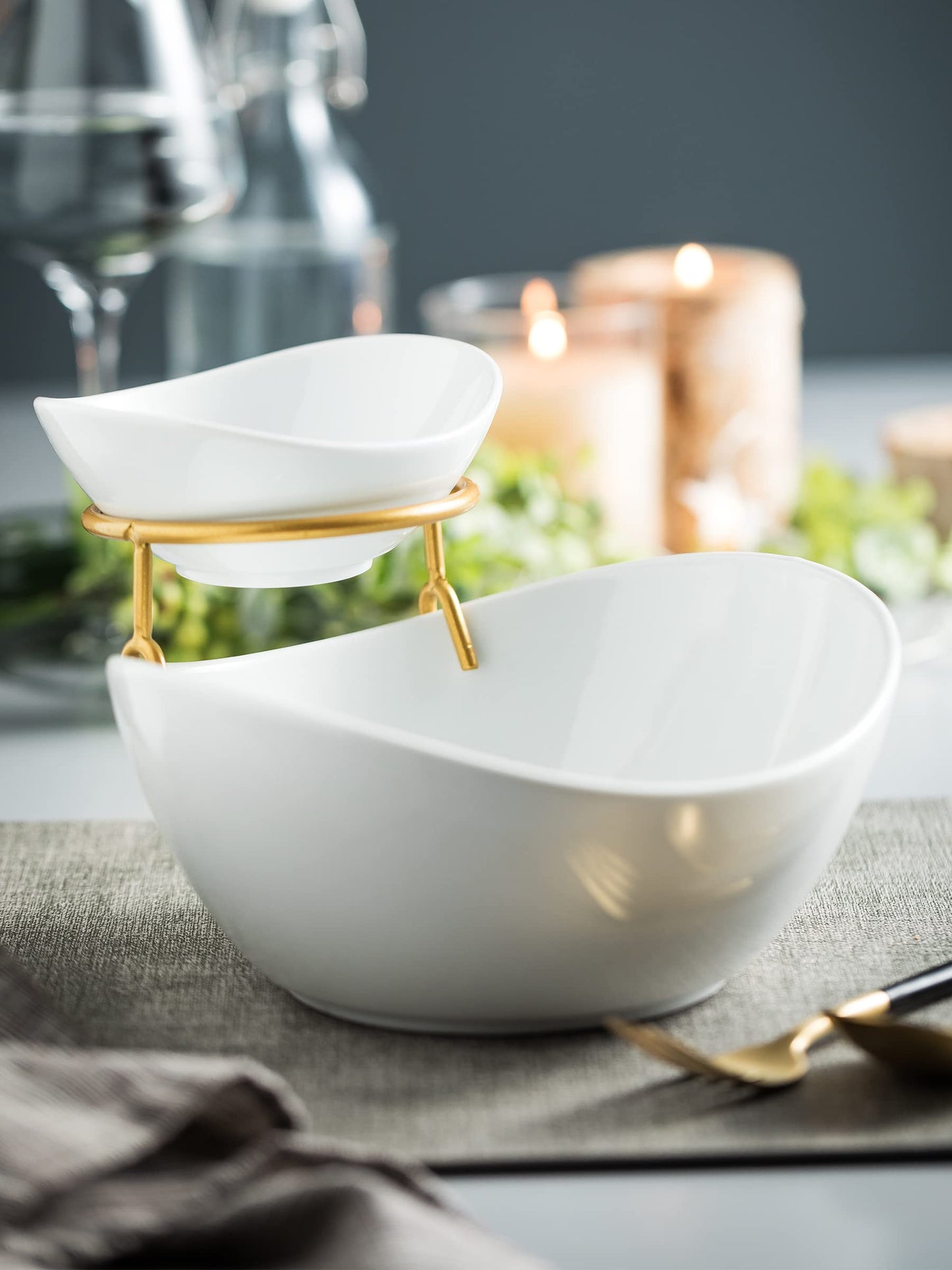 2-Tier Ceramic Chip and Dip Serving Set with Metal Stand – Divided White Glazed Bowls for Sauces, Snacks, and Appetizers