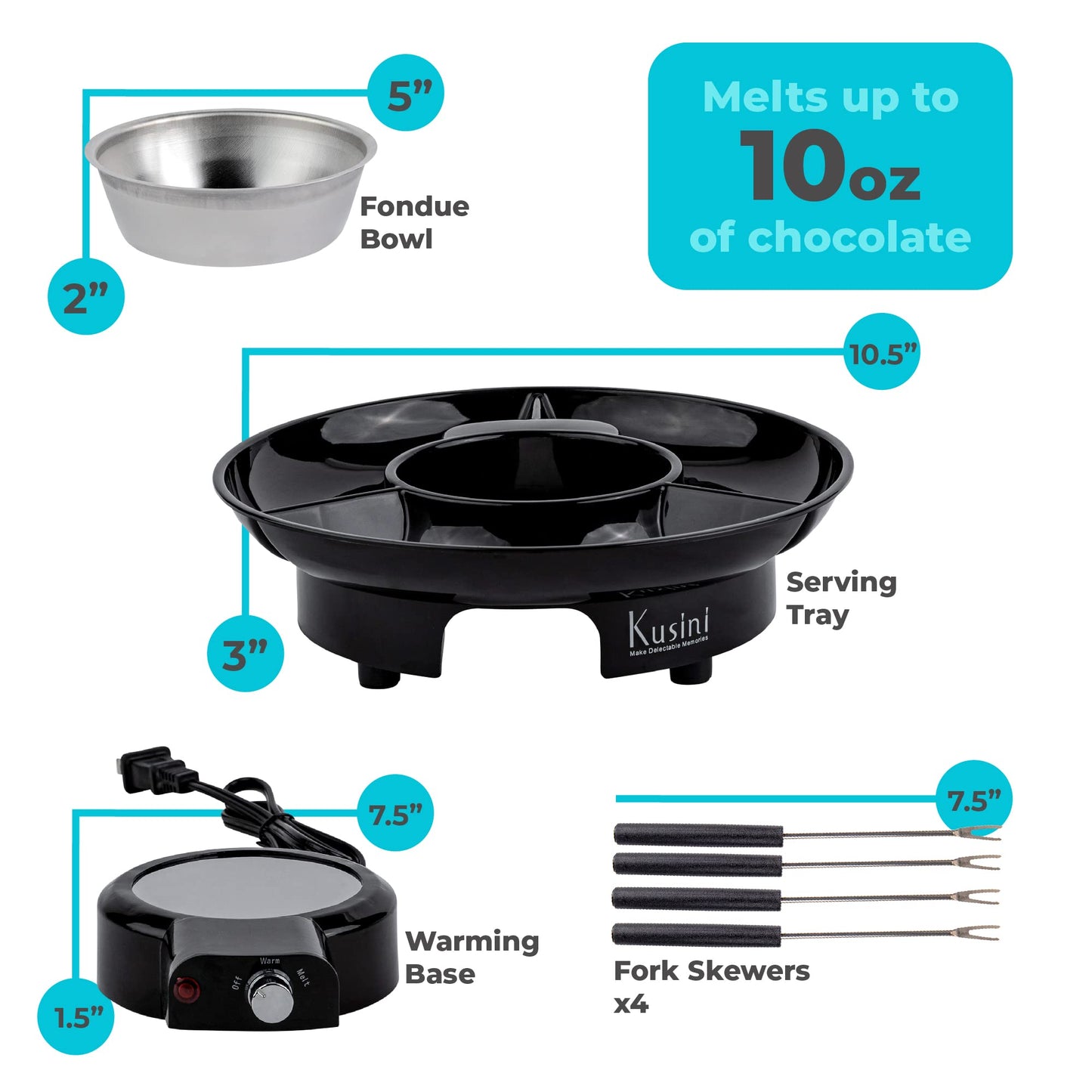 Deluxe Electric Fondue Pot Set – 10oz Melting Bowl with Warming Base, 3-Section Serving Tray & 4 Skewers – Chocolate & Cheese Melting Pot for Parties, Holidays & Gifts Serve at Movie Night or Game Night.