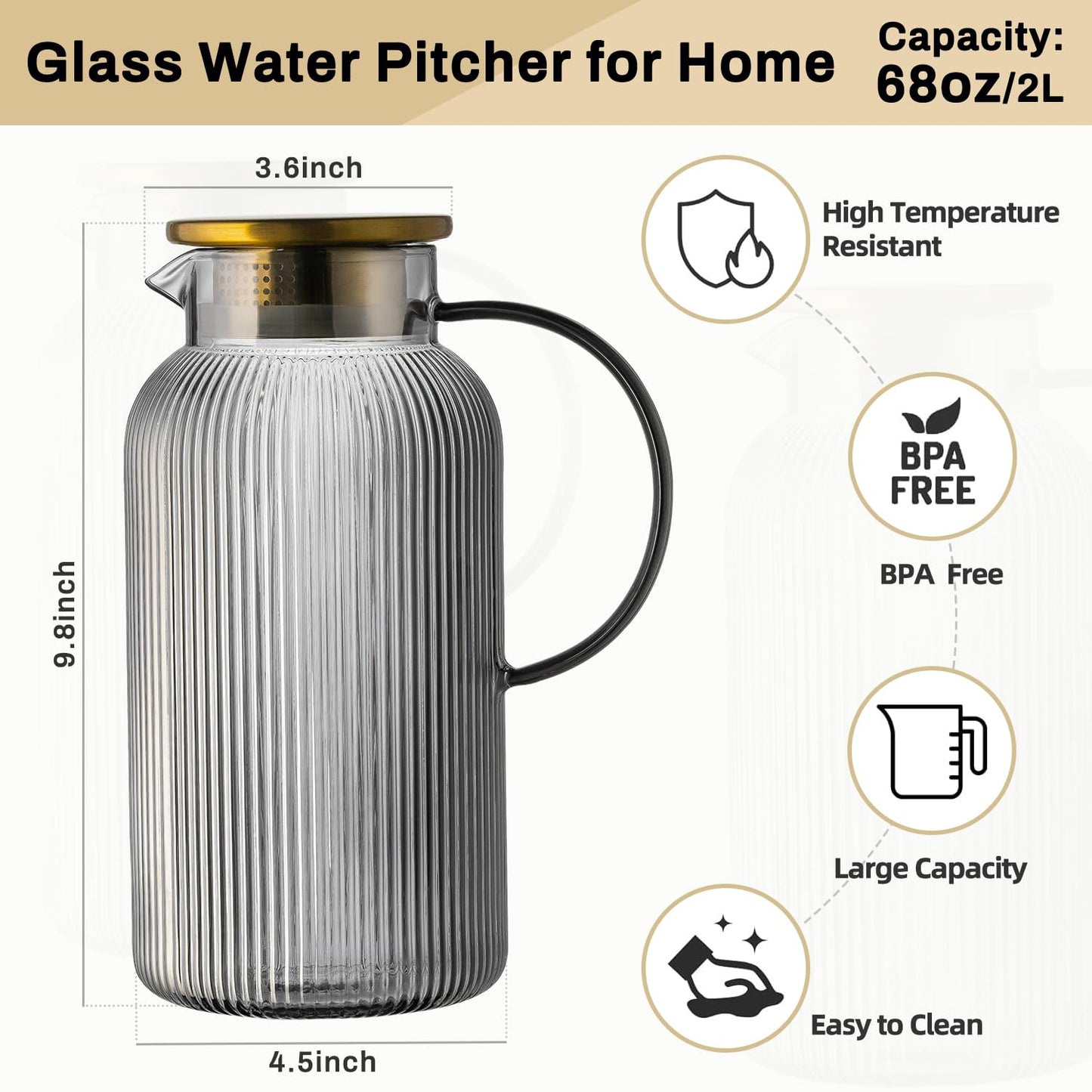 Glass Water Pitcher – 68oz Borosilicate Carafe with Stainless Steel Lid - Heat-Resistant