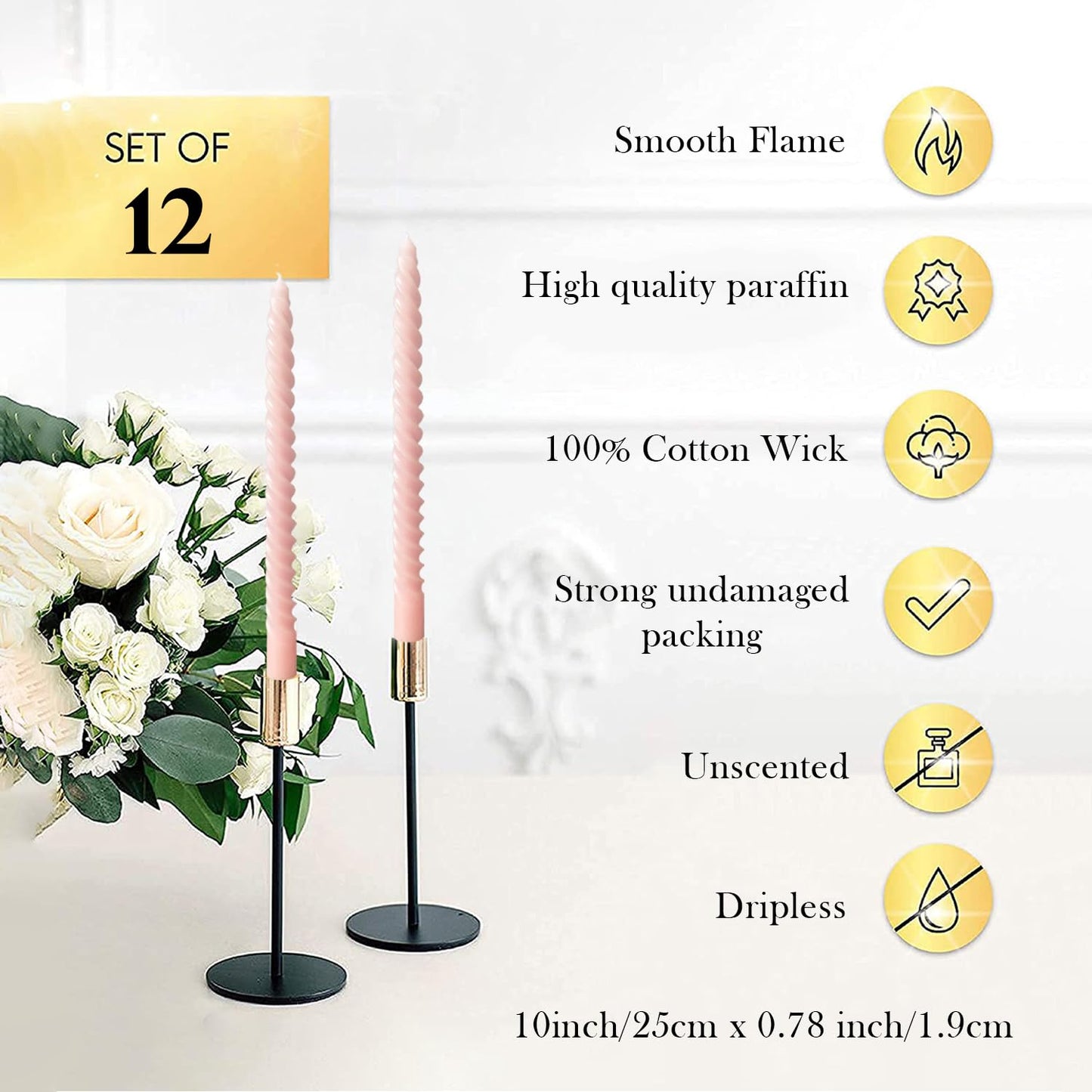 Handmade Spiral Taper Candles – 10" Unscented, Dripless (Set of 4)
