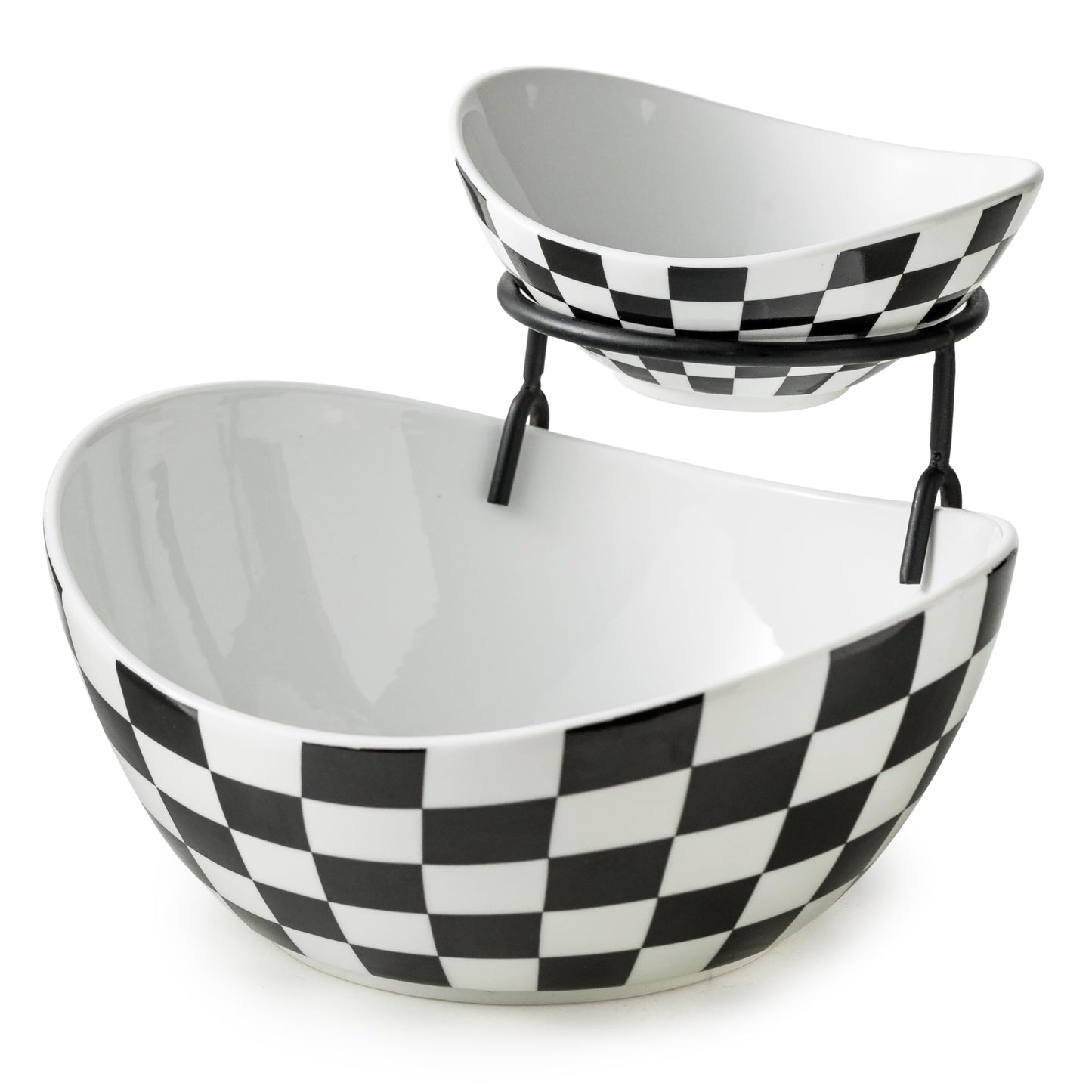 2-Tier Ceramic Chip and Dip Serving Set with Metal Stand – Divided White Glazed Bowls for Sauces, Snacks, and Appetizers