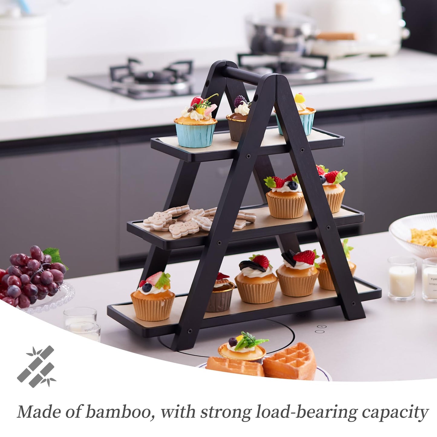 3-Tier Bamboo Cupcake Stand with– Reinforced Dessert Display Tray for Parties, Events, and Home Use