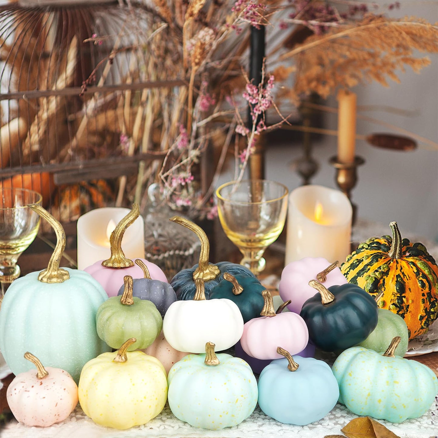 White & Gold Artificial Harvest Pumpkins – 16-Piece Fall Décor Set