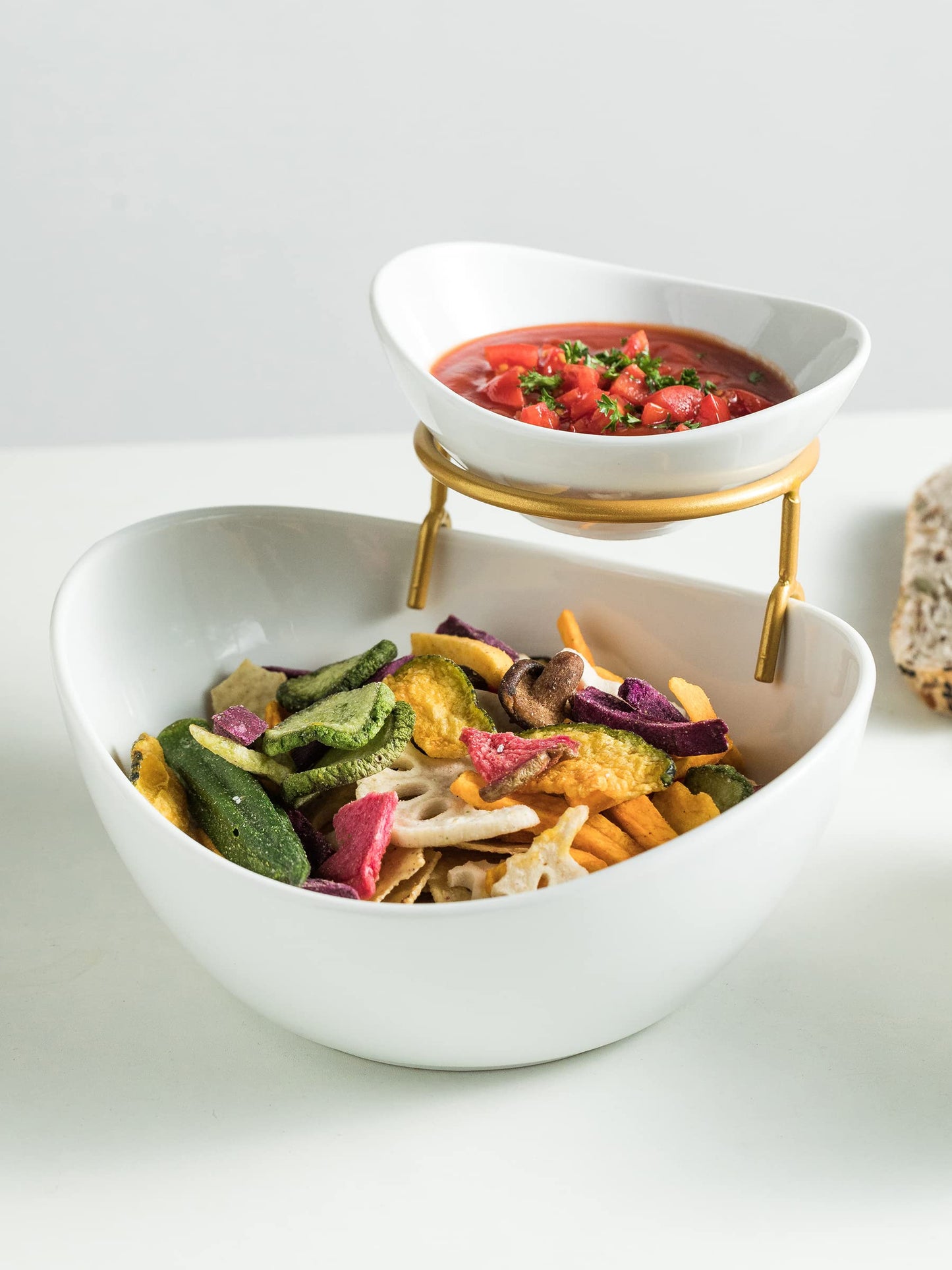 2-Tier Ceramic Chip and Dip Serving Set with Metal Stand – Divided White Glazed Bowls for Sauces, Snacks, and Appetizers