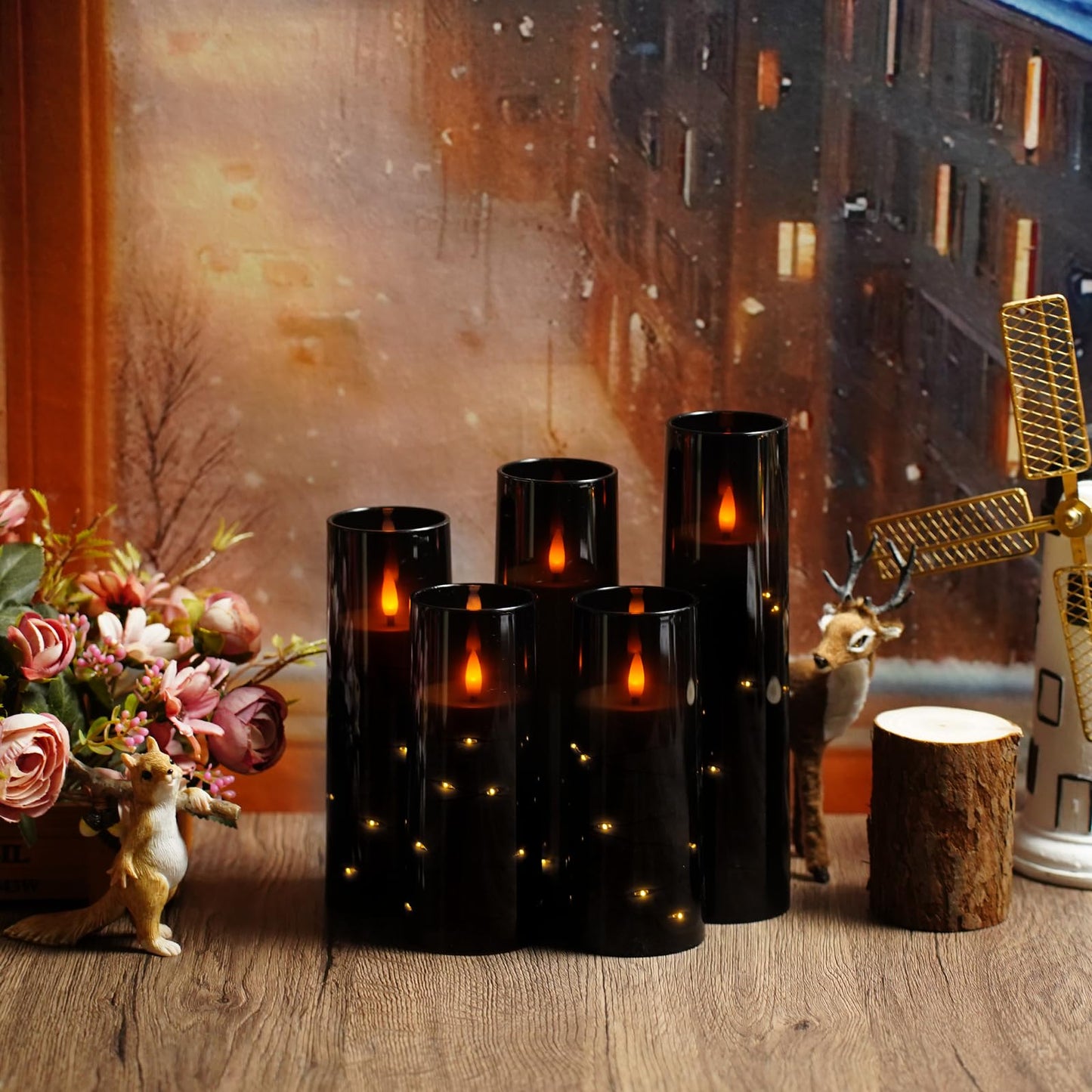Flameless Mood Lighting Candle Set with Embedded String Lights