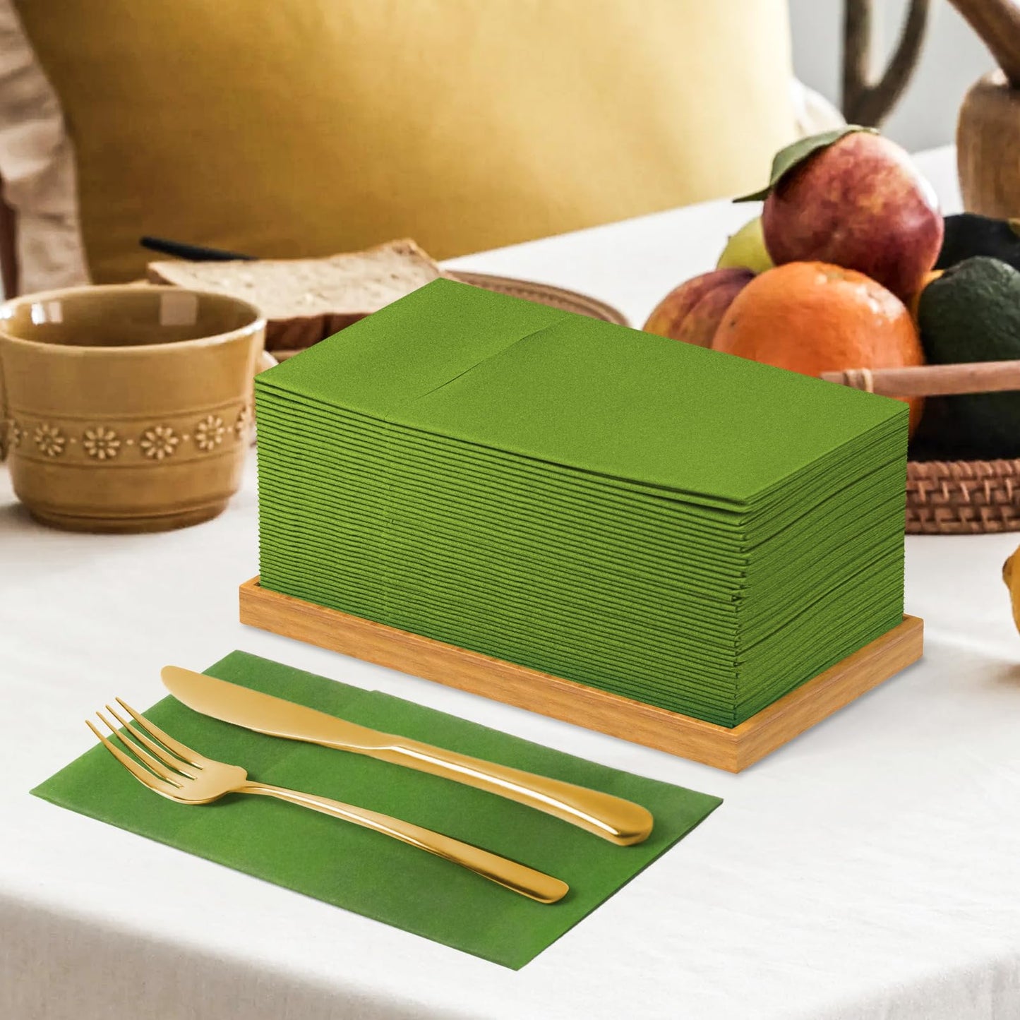 Solid Color Pocket Napkins – 50-Pack Linen-Like Paper Napkins with Silverware Pocket | Soft, Absorbent & Elegant for Dining, Weddings, and Events - Matcha Green