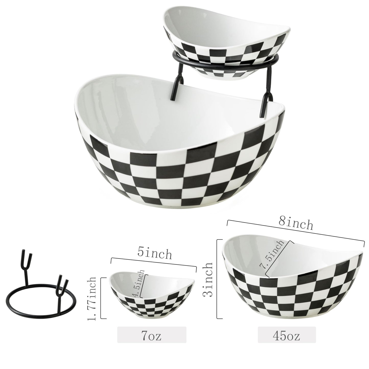 2-Tier Ceramic Chip and Dip Serving Set with Metal Stand – Divided White Glazed Bowls for Sauces, Snacks, and Appetizers