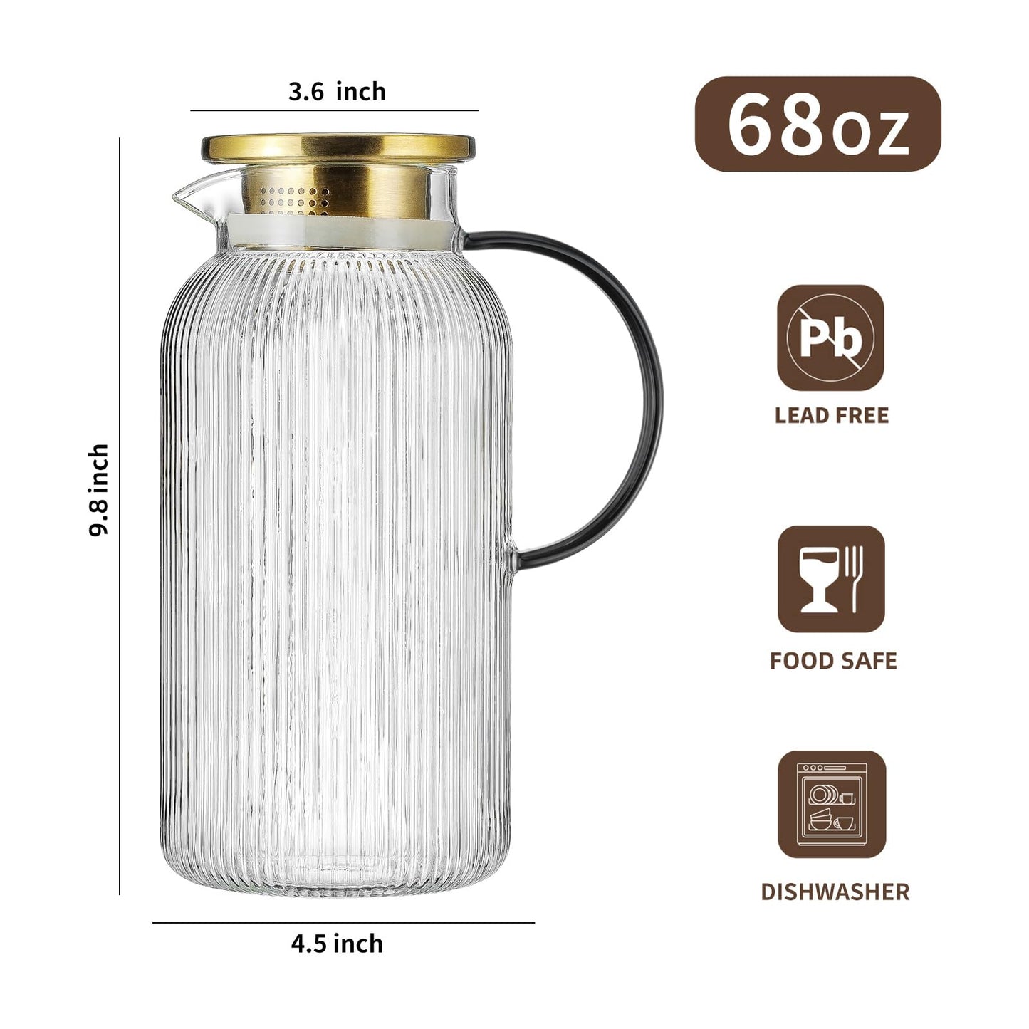 Glass Water Pitcher – 68oz Borosilicate Carafe with Stainless Steel Lid - Heat-Resistant
