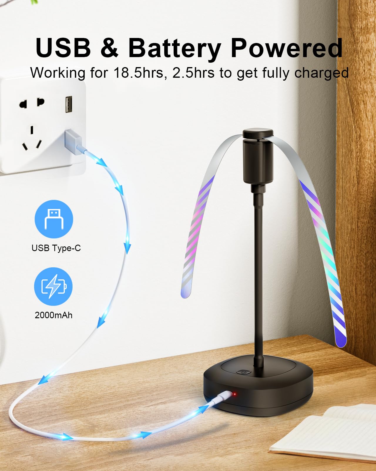 Table Food Fan – Insect Repellent with Reflective Blades, Flexible Neck, Silent Operation, USB-C Charging