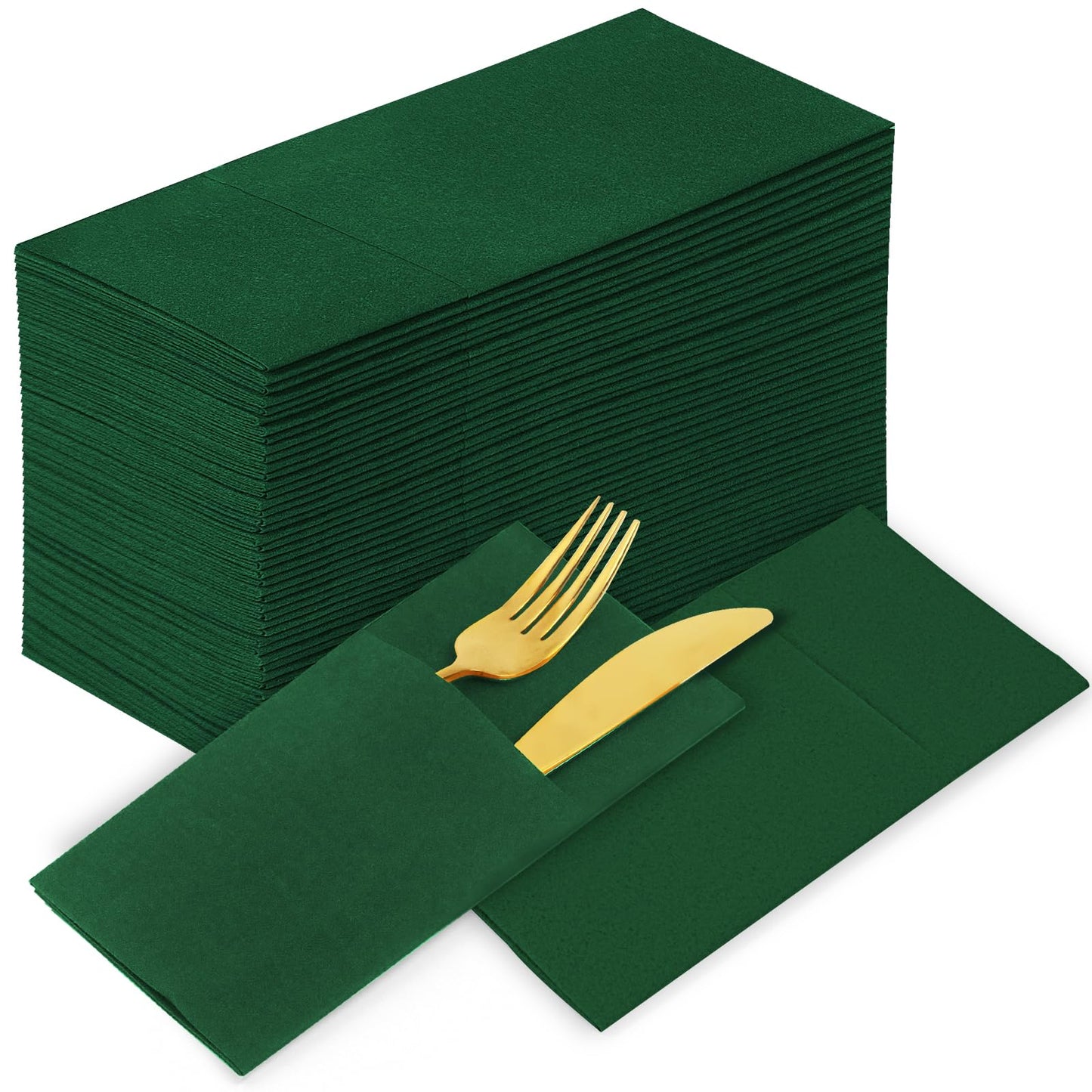 Solid Color Pocket Napkins – 50-Pack Linen-Like Paper Napkins with Silverware Pocket | Soft, Absorbent & Elegant for Dining, Weddings, and Events - Matcha Green