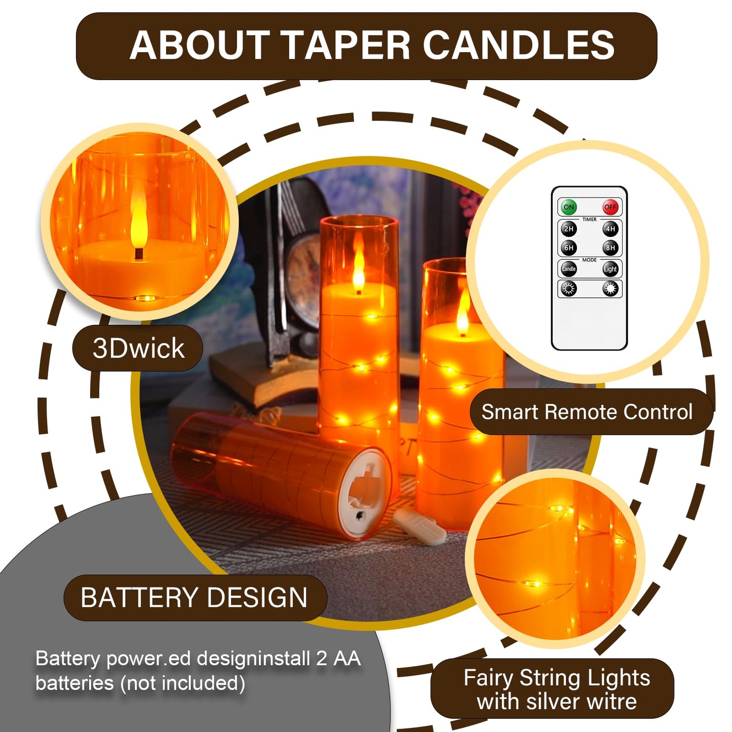 Flameless Mood Lighting Candle Set with Embedded String Lights