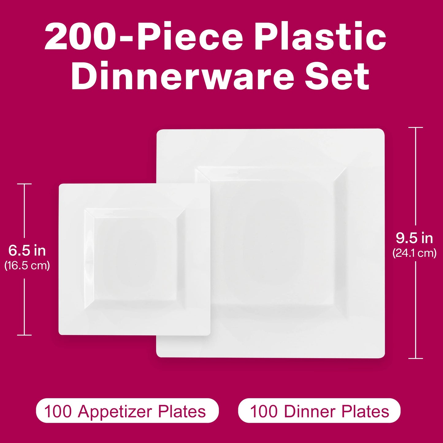 Elegant White Square Plastic Plates Set – 100-Piece Heavy Duty Disposable Dinnerware for 50 Guests (9.5” Dinner + 6.5” Appetizer Plates)