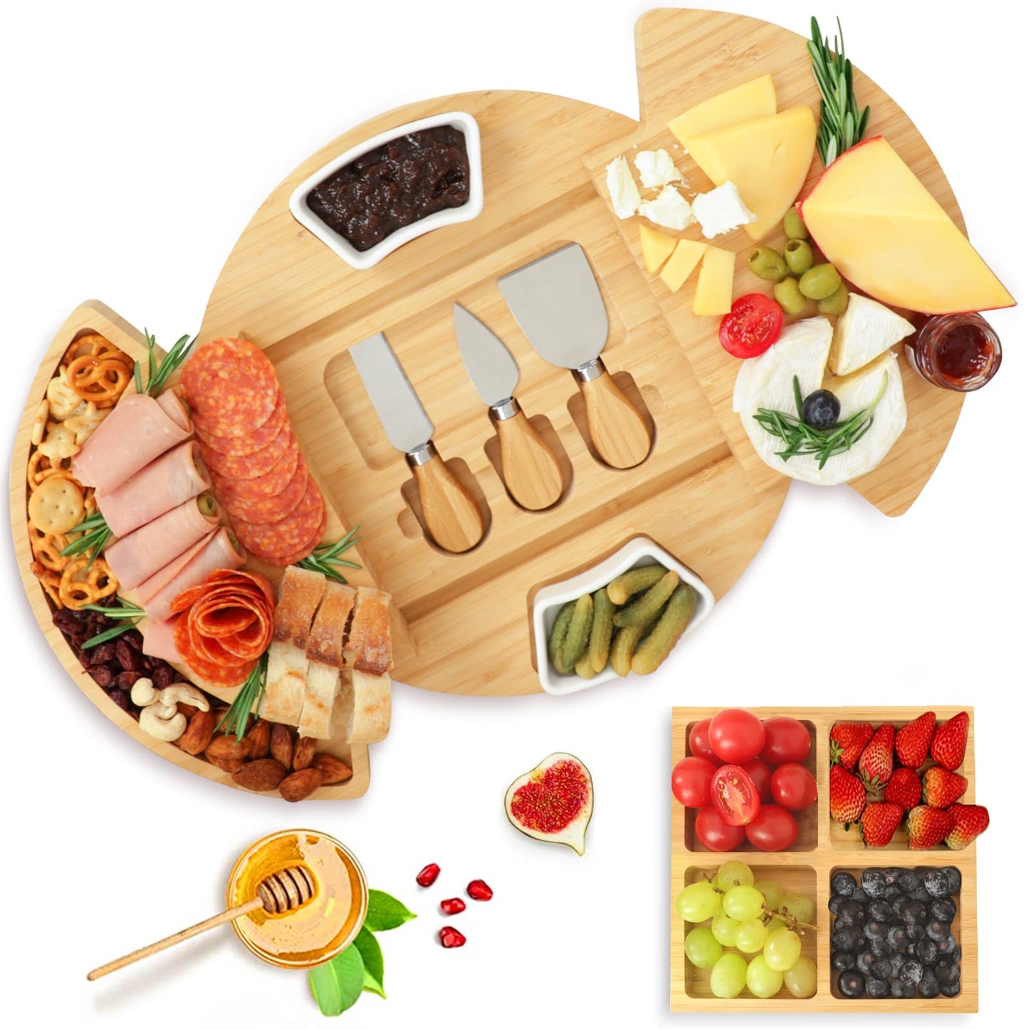 Bamboo Charcuterie Board Set – Cheese Board with Ceramic Bowls, Magnetic Knife Drawer, Crackers Groove