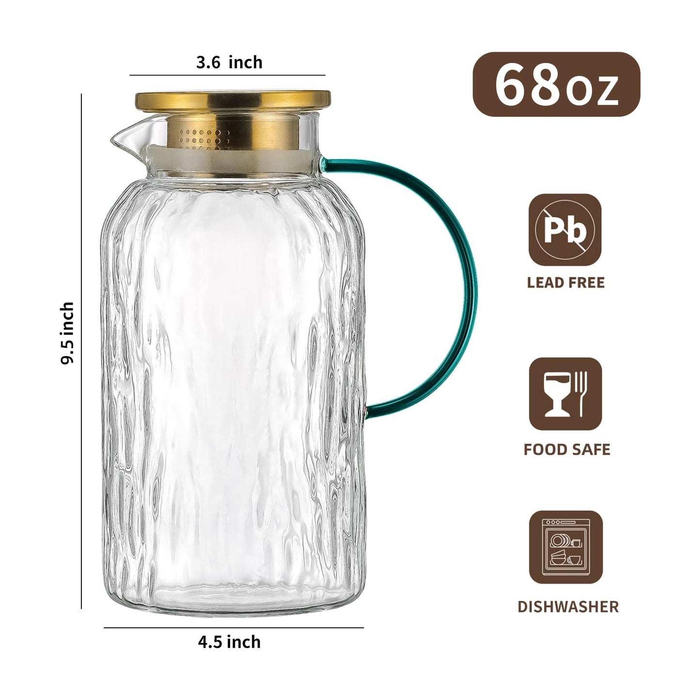 Glass Water Pitcher – 68oz Borosilicate Carafe with Stainless Steel Lid - Heat-Resistant