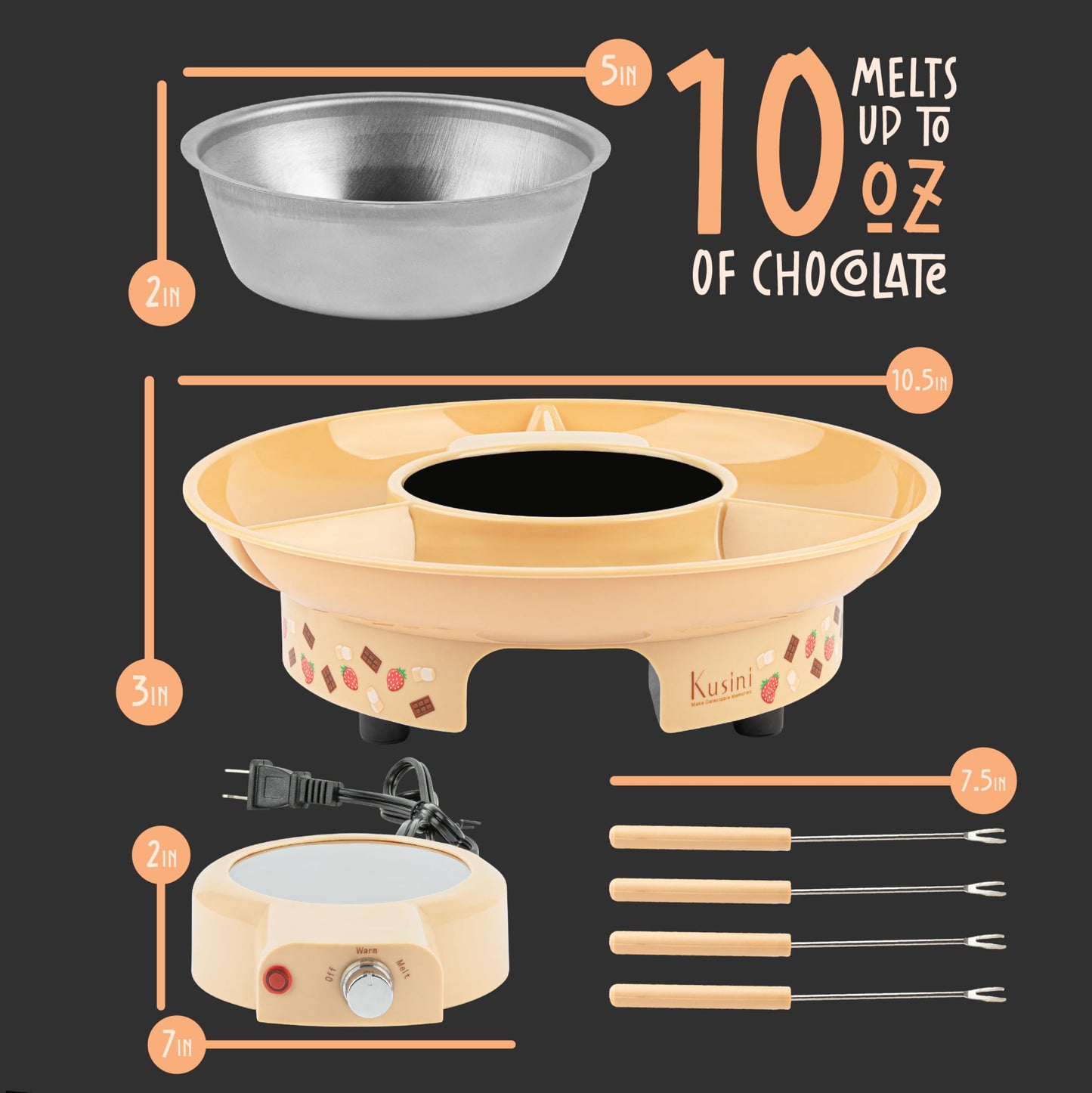 Deluxe Electric Fondue Pot Set – 10oz Melting Bowl with Warming Base, 3-Section Serving Tray & 4 Skewers – Chocolate & Cheese Melting Pot for Parties, Holidays & Gifts Serve at Movie Night or Game Night.