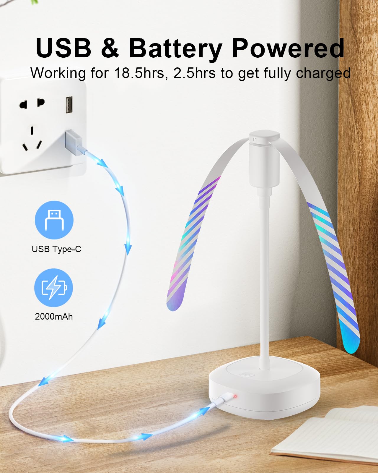 Table Food Fan – Insect Repellent with Reflective Blades, Flexible Neck, Silent Operation, USB-C Charging