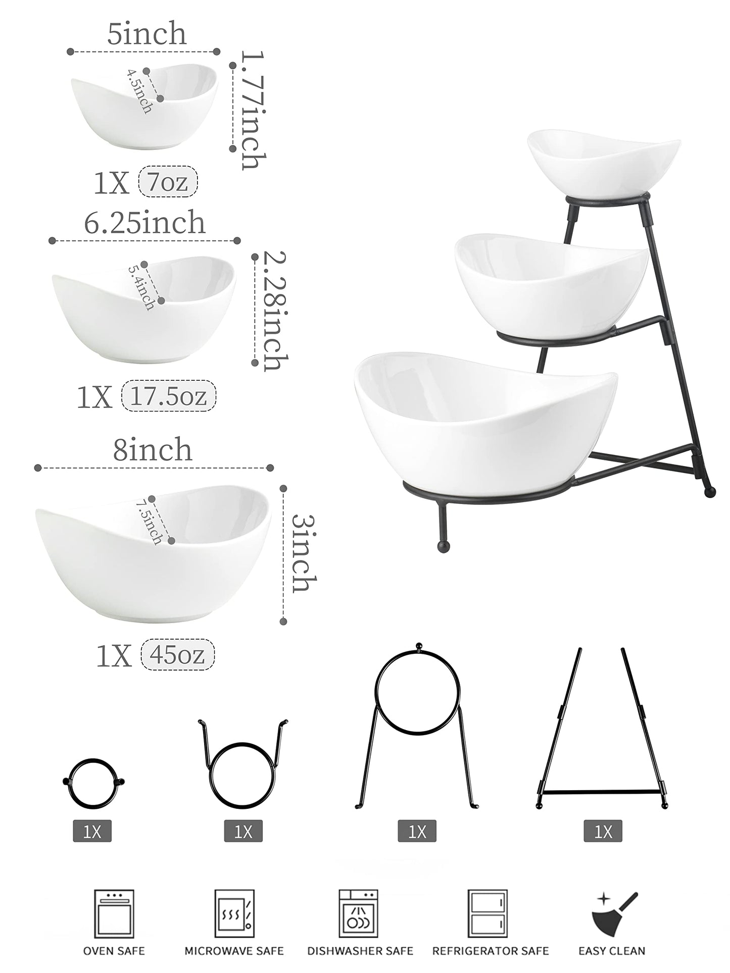 2-Tier Ceramic Chip and Dip Serving Set with Metal Stand – Divided White Glazed Bowls for Sauces, Snacks, and Appetizers