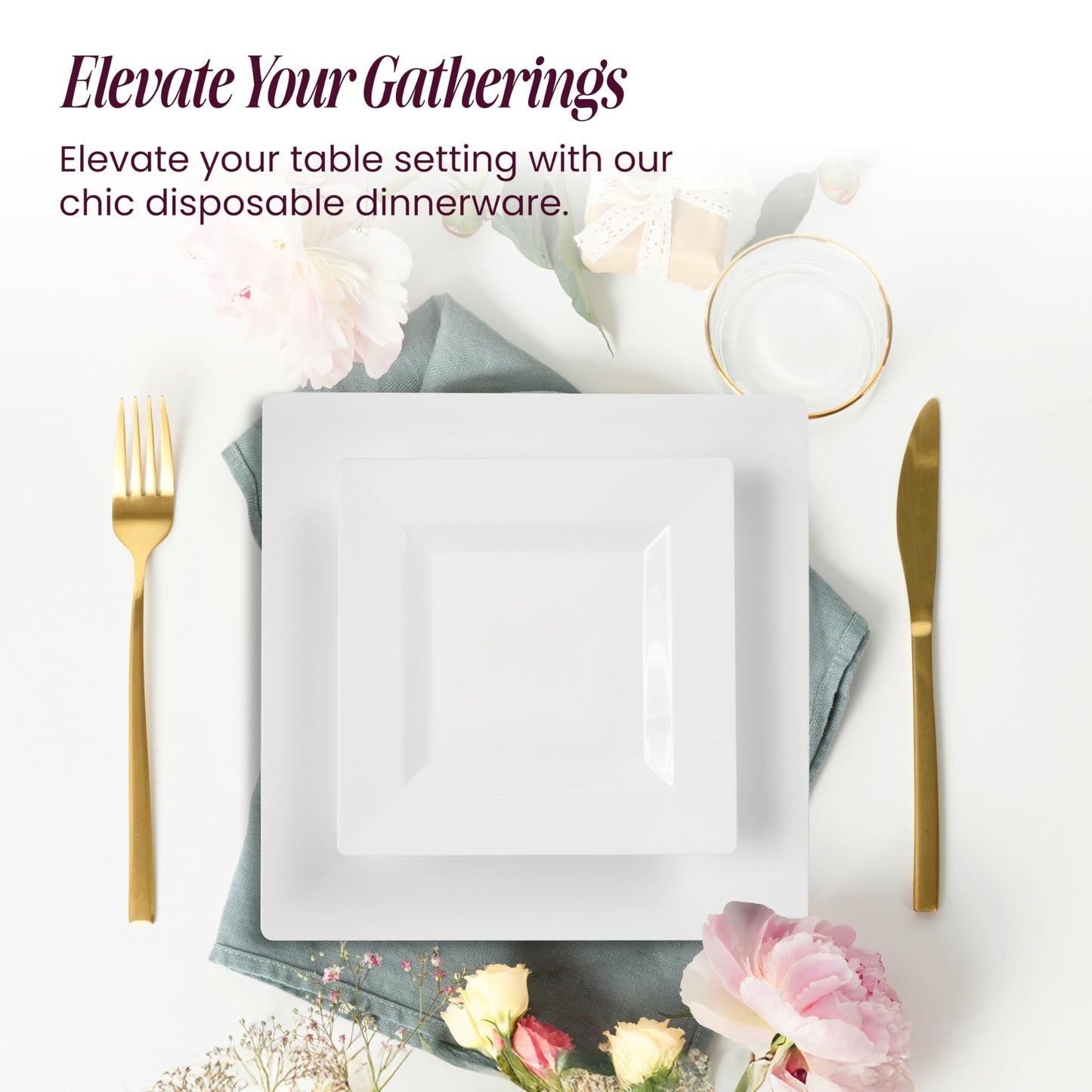 Elegant White Square Plastic Plates Set – 100-Piece Heavy Duty Disposable Dinnerware for 50 Guests (9.5” Dinner + 6.5” Appetizer Plates)