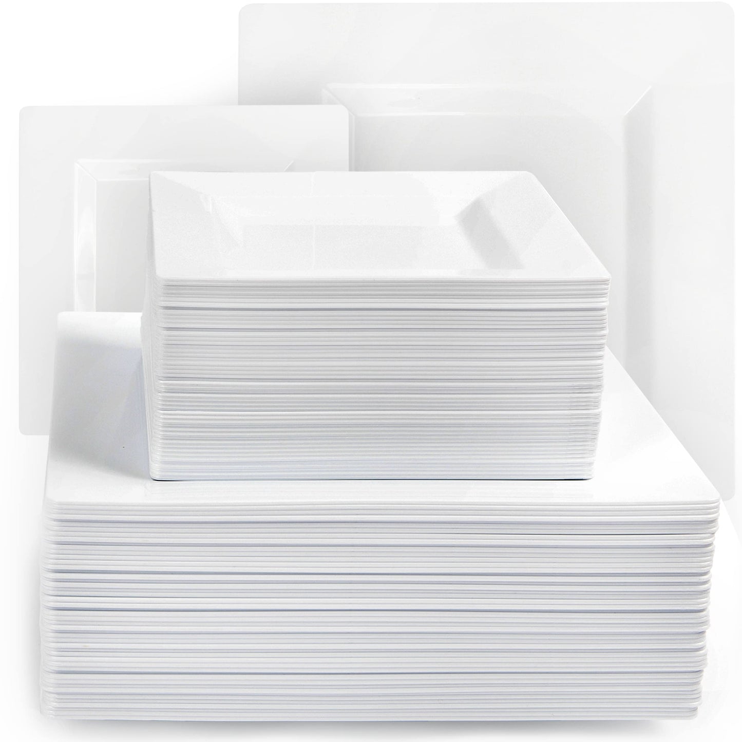 Elegant White Square Plastic Plates Set – 100-Piece Heavy Duty Disposable Dinnerware for 50 Guests (9.5” Dinner + 6.5” Appetizer Plates)