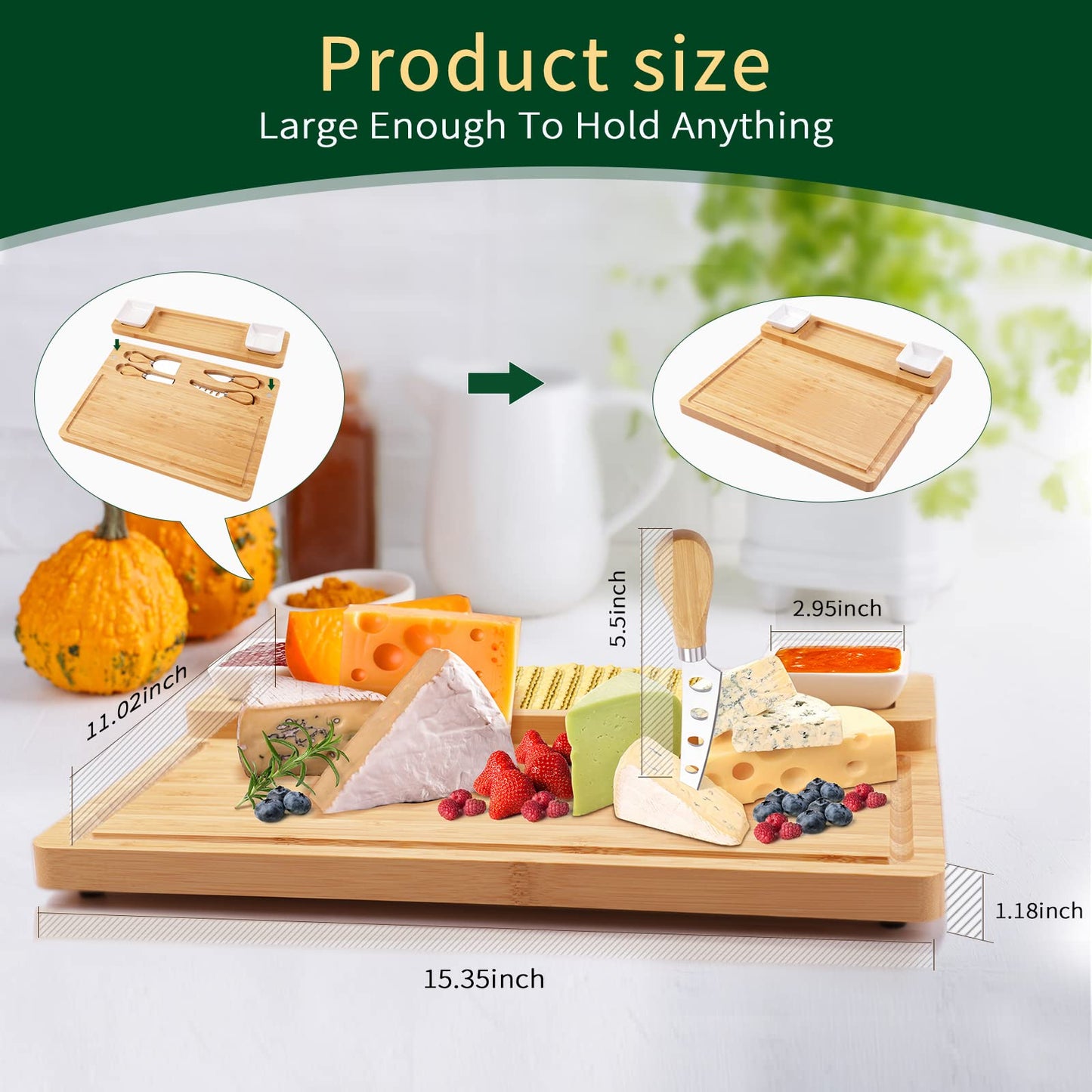 Bamboo Charcuterie Board Set – Cheese Board with Ceramic Bowls, Magnetic Knife Drawer, Crackers Groove