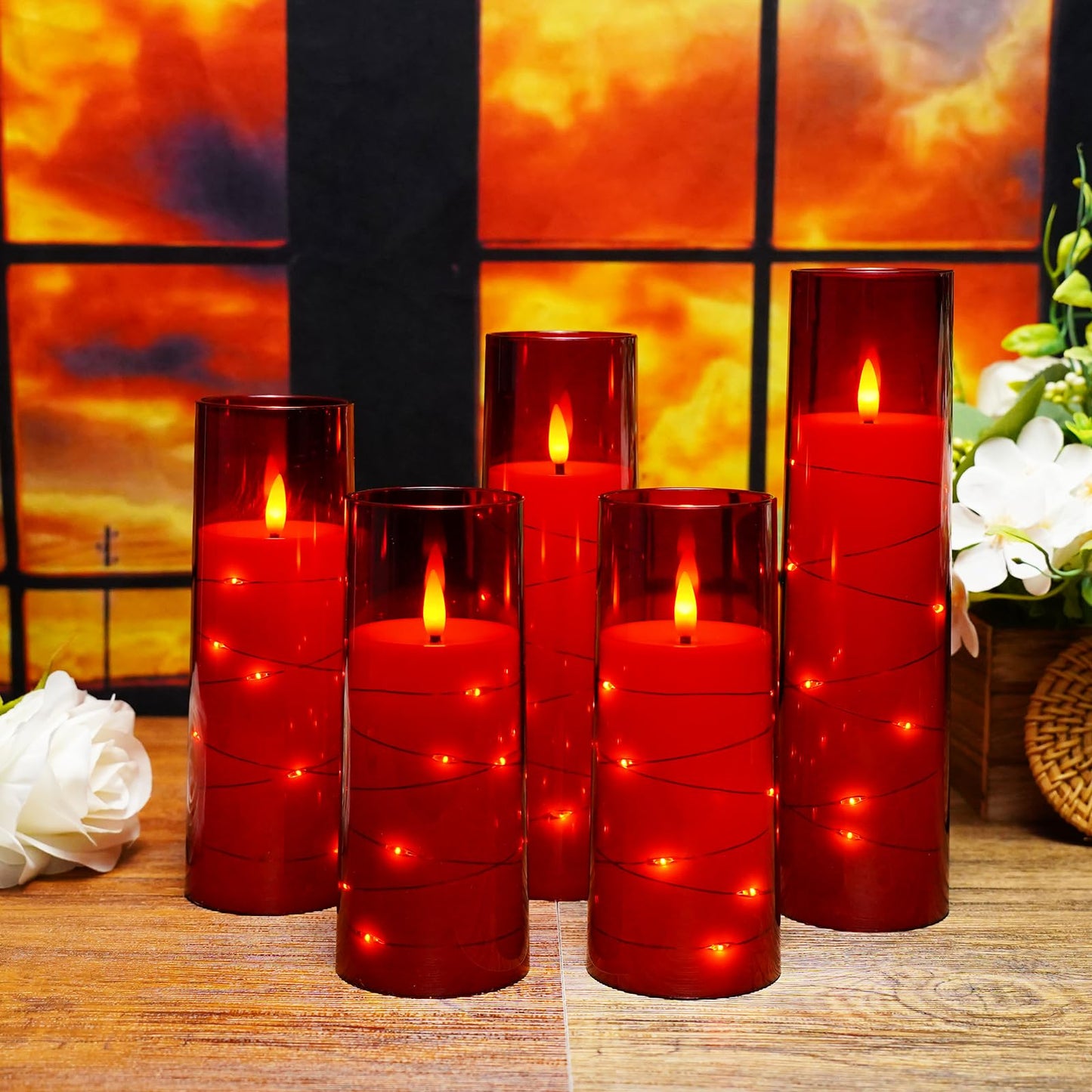 Flameless Mood Lighting Candle Set with Embedded String Lights